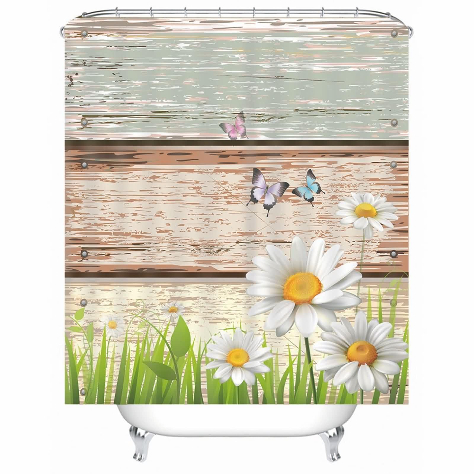 Rideau de douche vert tournesols en polyester lavable