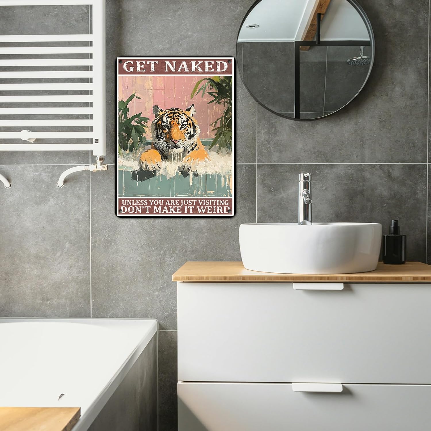 Tiger Take Shower Bathtub Retro Tin Sign Metal Poster Vintage Wall Decor Funny Decoration for Home Bar Bathroom Farm Room Garden Plaque 12x16inch