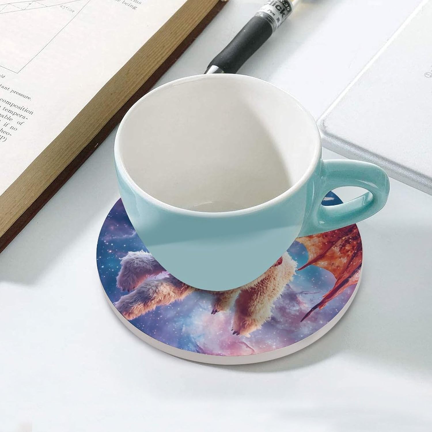 Alpaca with Dragon Wings Galaxy Funny Round Ceramic Coasters for Drink Absorbent Cup Holders Tabletop Protection