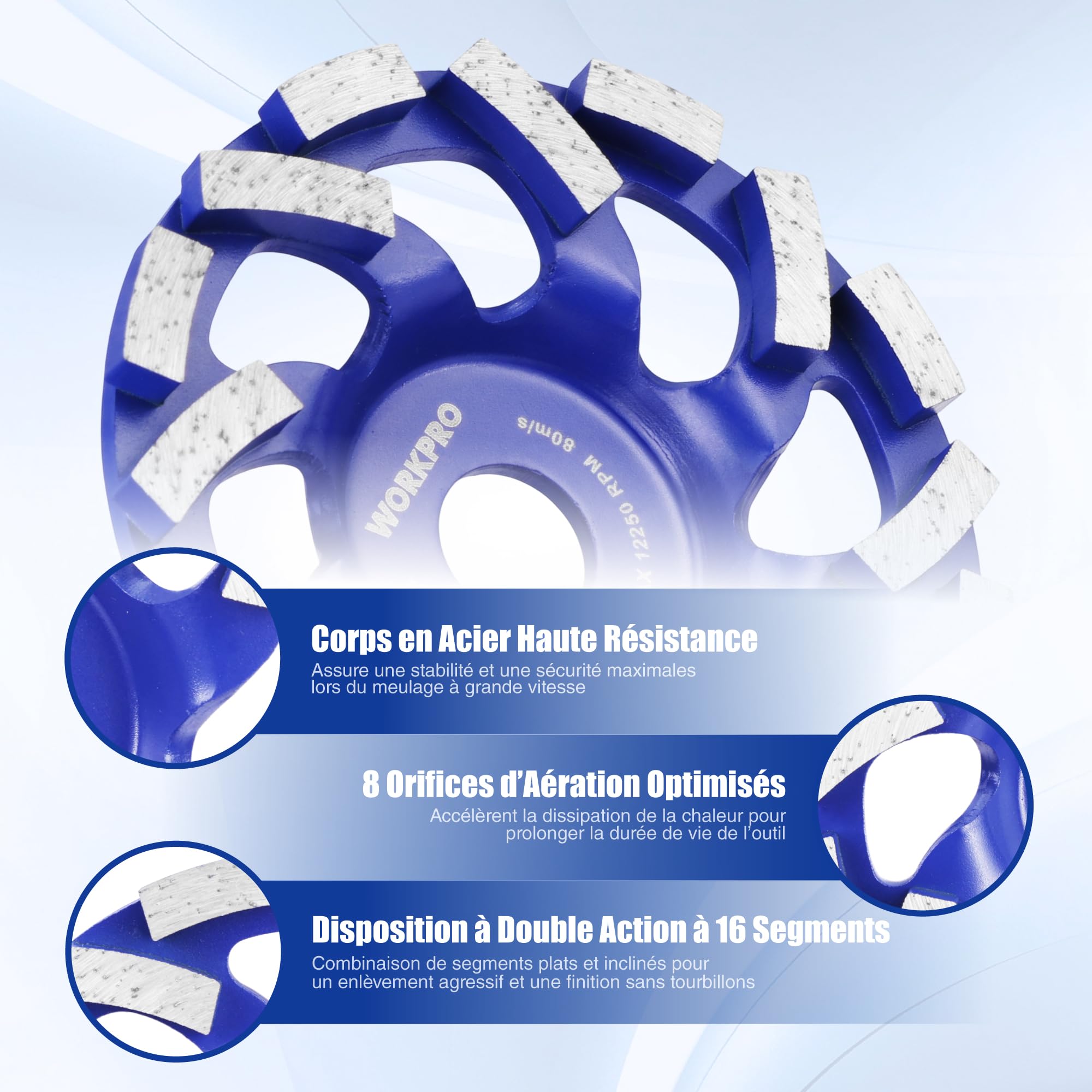 WORKPRO Meule Diamant Béton 125 mm 16 Segments, Disque de Meulage pour Pierre Granit, Épaisseur 6 mm, Faible Vibration, Compatible Meuleuse d’Angle
