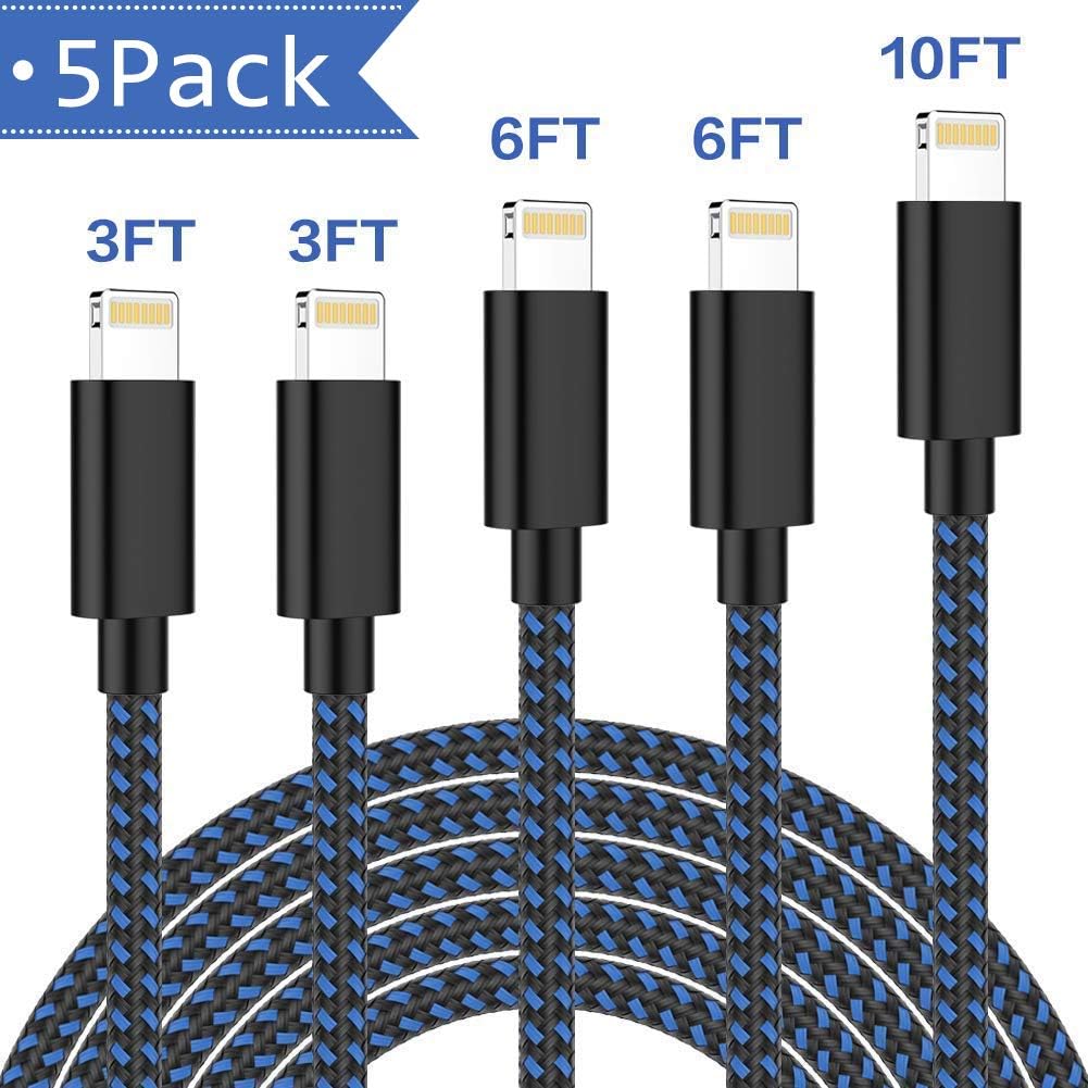 Mfi Certified Phone Charger cable, CNANKCU 5Pack 2 * 3Ft 2 * 6Ft 1 * 10Ft to USB Syncing Data and Nylon Braided Cord for iPhone 11/XS/Max/XR/X/8/8Plus/7/7Plus/6S/Plus