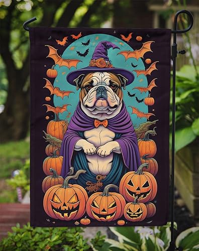 Miniatura 3 de Caroline's Treasures DAC1492GF - Bandera decorativa para jardín de Halloween con diseño de bulldog inglés, diseño de bruja, jardín, tamaño de