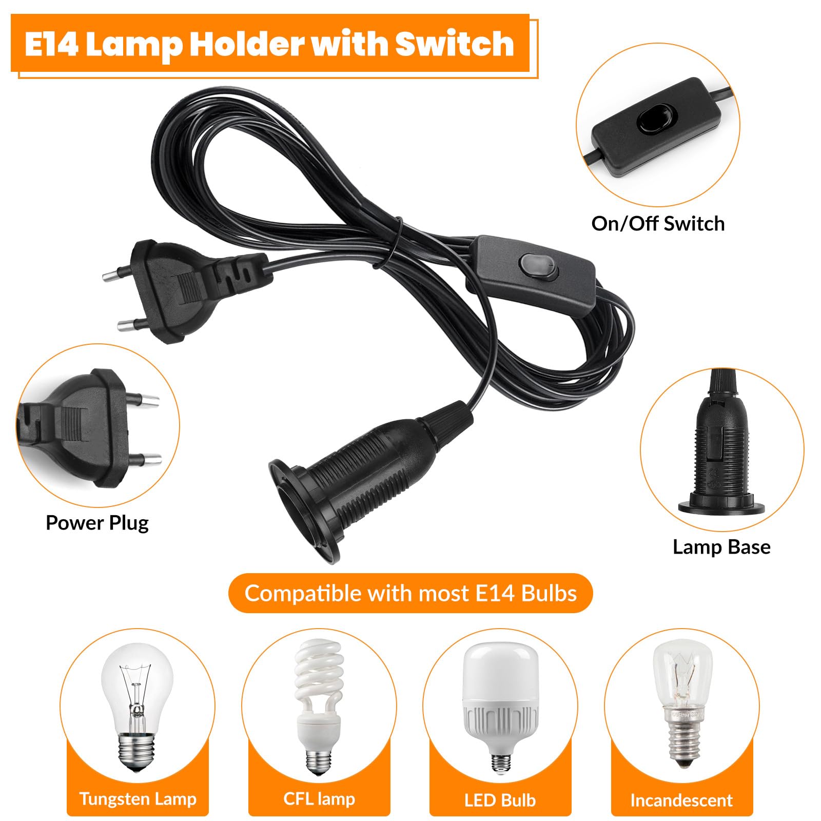 2 stuks E14 lamphouders met kabel, schakelaar en stekker, fitting E14 met 1,8 m netsnoer en EU-stekker 4 stuks warmwitte lamp - E14 stekkeradapter, voor doe-het-zelf lampen, keuken, woonkamer