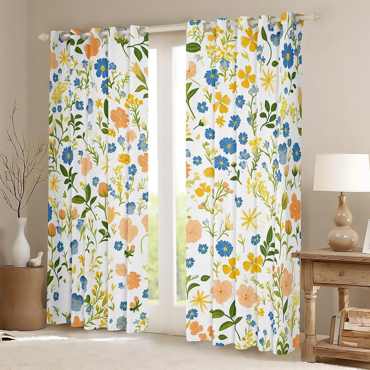 Boho Floral Blackout Curtains,Blue Yellow Flowers Print Colorful Kitchen Window Treatments,Leaves Botanical Ink Painting Window Drapes for Home Decor, 2 Panels,42Wx63L inch
