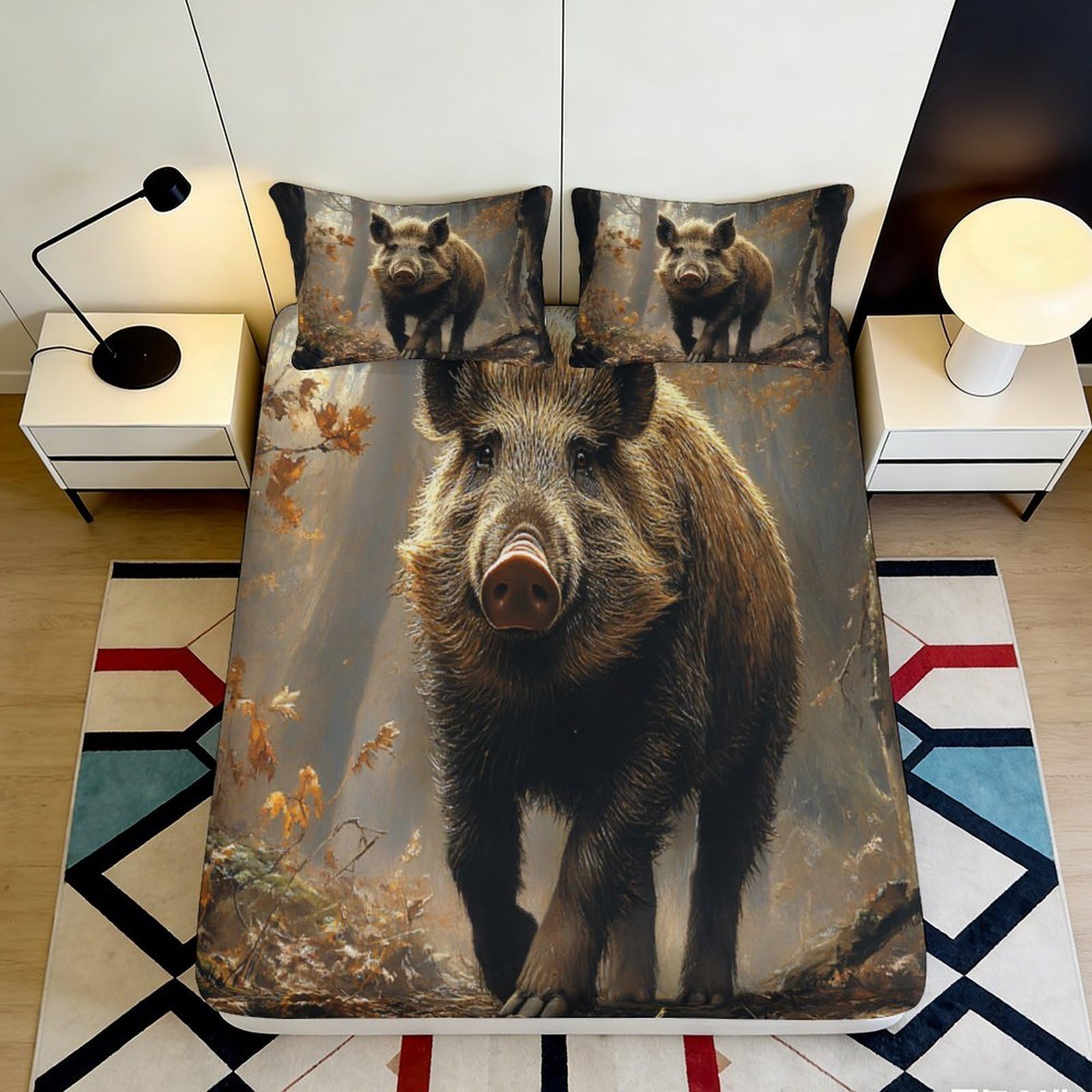 3D Printed Wild Boar Forest Fitted Sheet Microfiber Soft Anti-Slip Woodland Mattress Cover for Bedroom Guest Room Decor 90x200x25cm