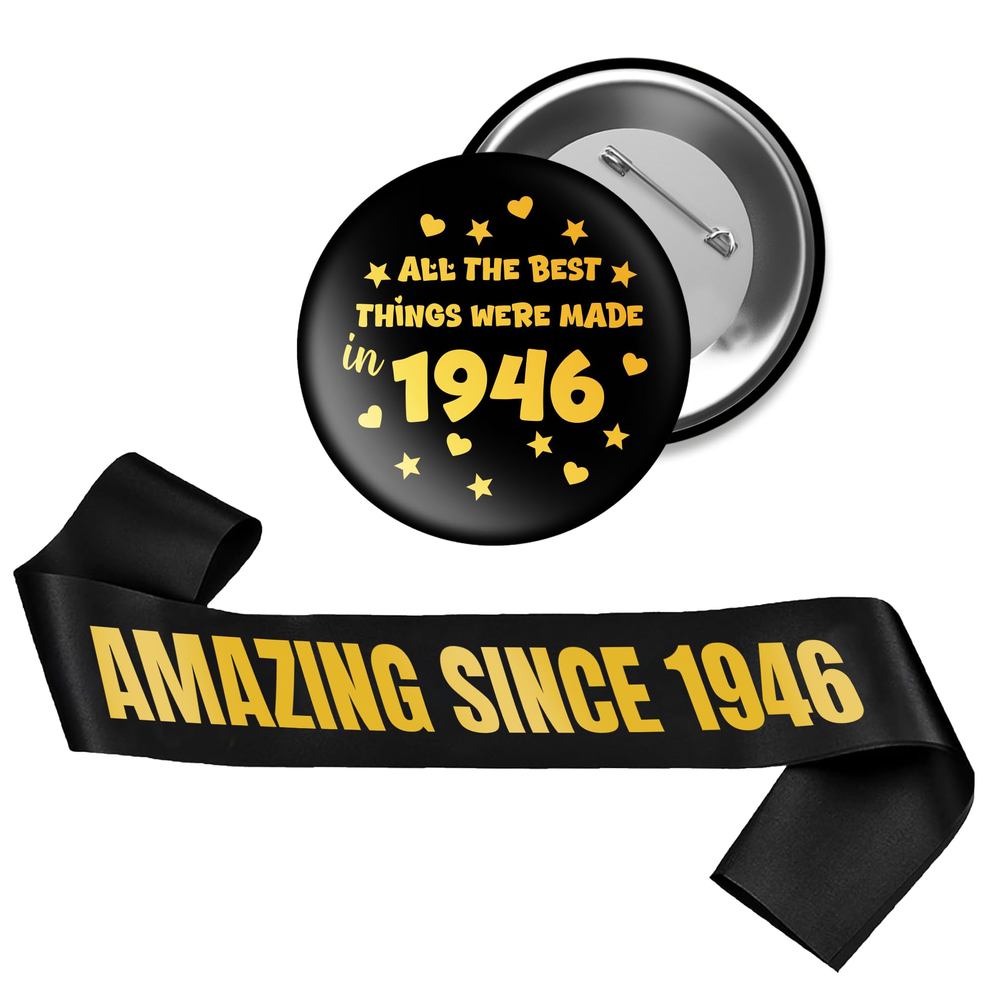 80th Birthday Decorations Sash Badge - 2 Pcs Black Gold All the Best Things Were Made in 1946 Badge Amazing Since 1946 Sash Accessories for Men Women Cheers to 80 Party Gift Supplies — image 1