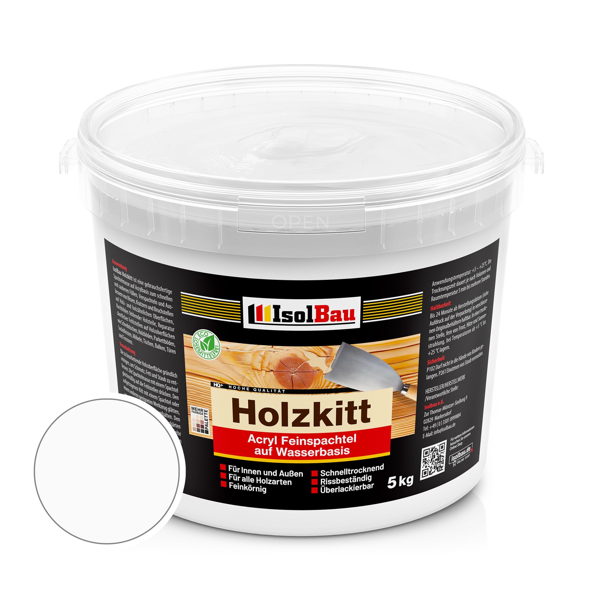 Isolbau - Holz-Spachtelmasse 5 kg - Holzspachtel Holzkitt Außen und Innen - Holz-Reparaturspachtel - Holzreparaturmasse - Holz-Fertigspachtel - Schnelltrocknend - Weiß (Nr. 1)