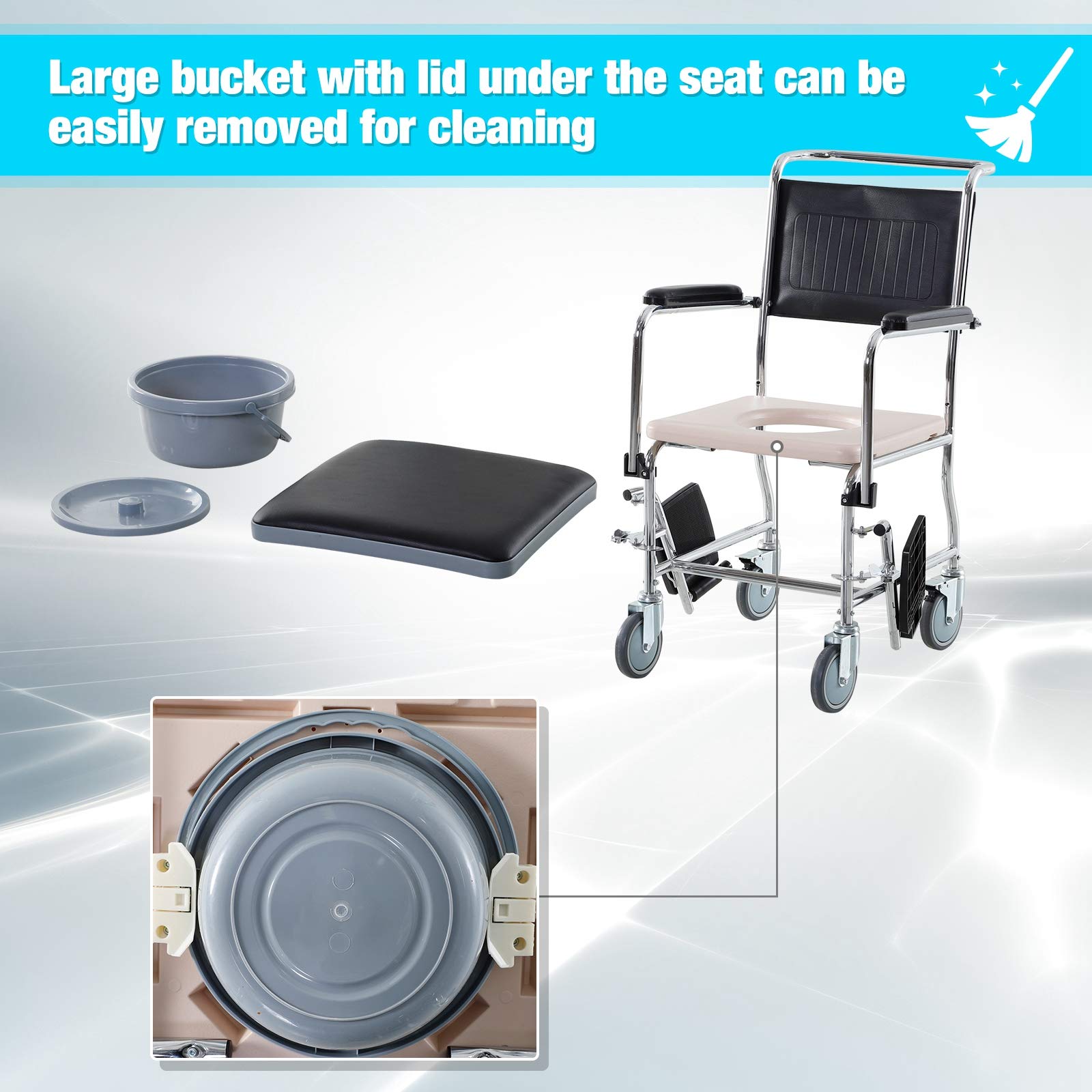 Shower Rolling Chair Personal Mobility Assist Bedside Commode
