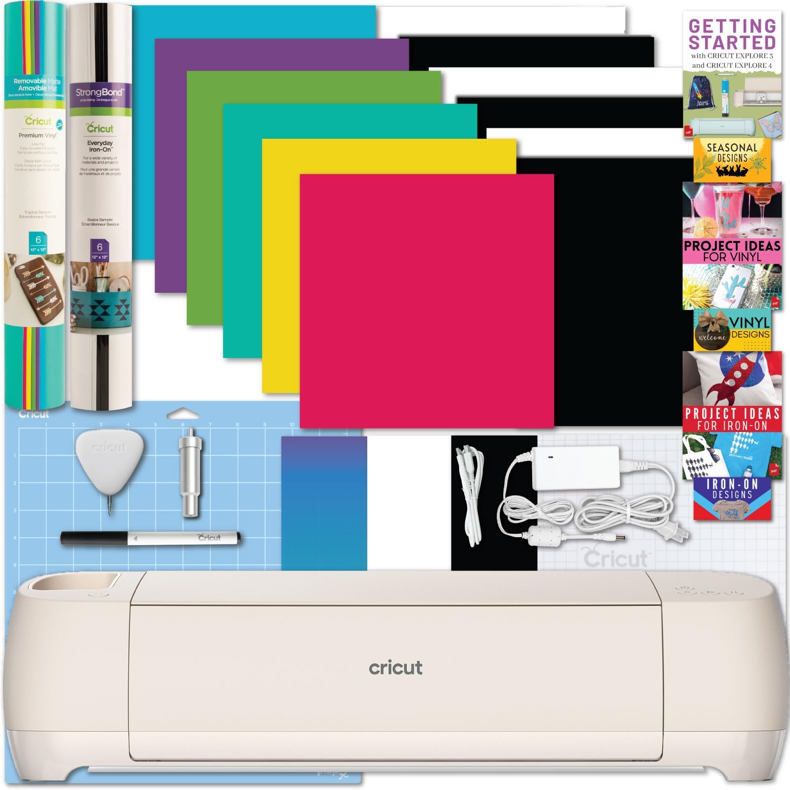 Cricut Explore 4 Machine with Vinyl and Iron-On Bundle - Beginner Friendly Craft Cutting Machine with Essential Materials, HTV and Adhesive Vinyl Variety Pack- DIY Decor Projects, Apparel and Decals