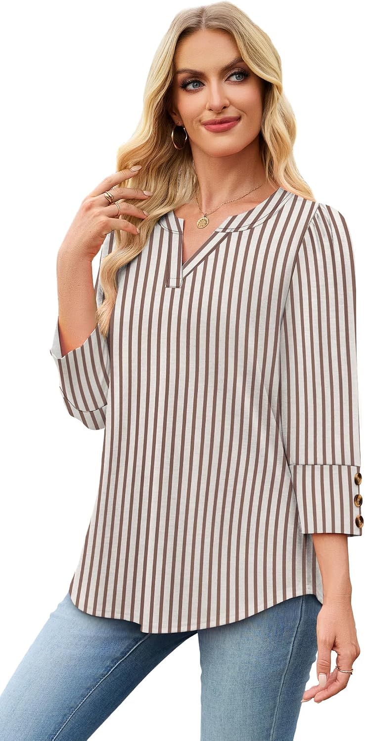 WIHOLL 3/4 Length Sleeve Womens Tops with Button Cuffs Dressy Casual V Neck Summer Outfits Early Fall Fashion Spring Clothes thumbnail