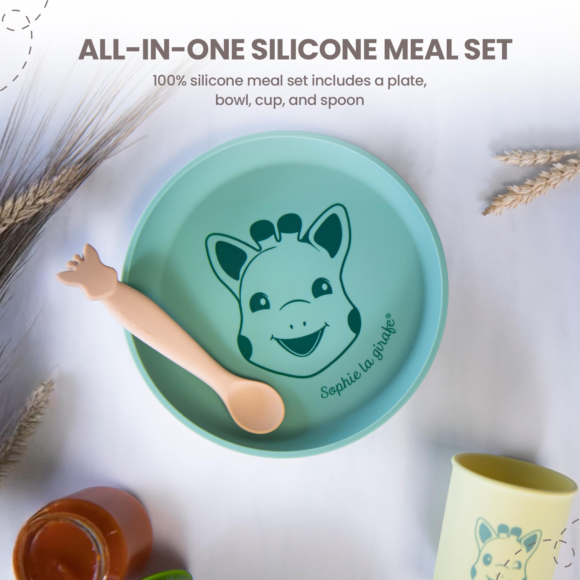 Sophie la Girafe Set de Repas en Silicone - Assiette, Bol, Verre et Cuillère Passe au Lave Vaisselle et Micro-ondes