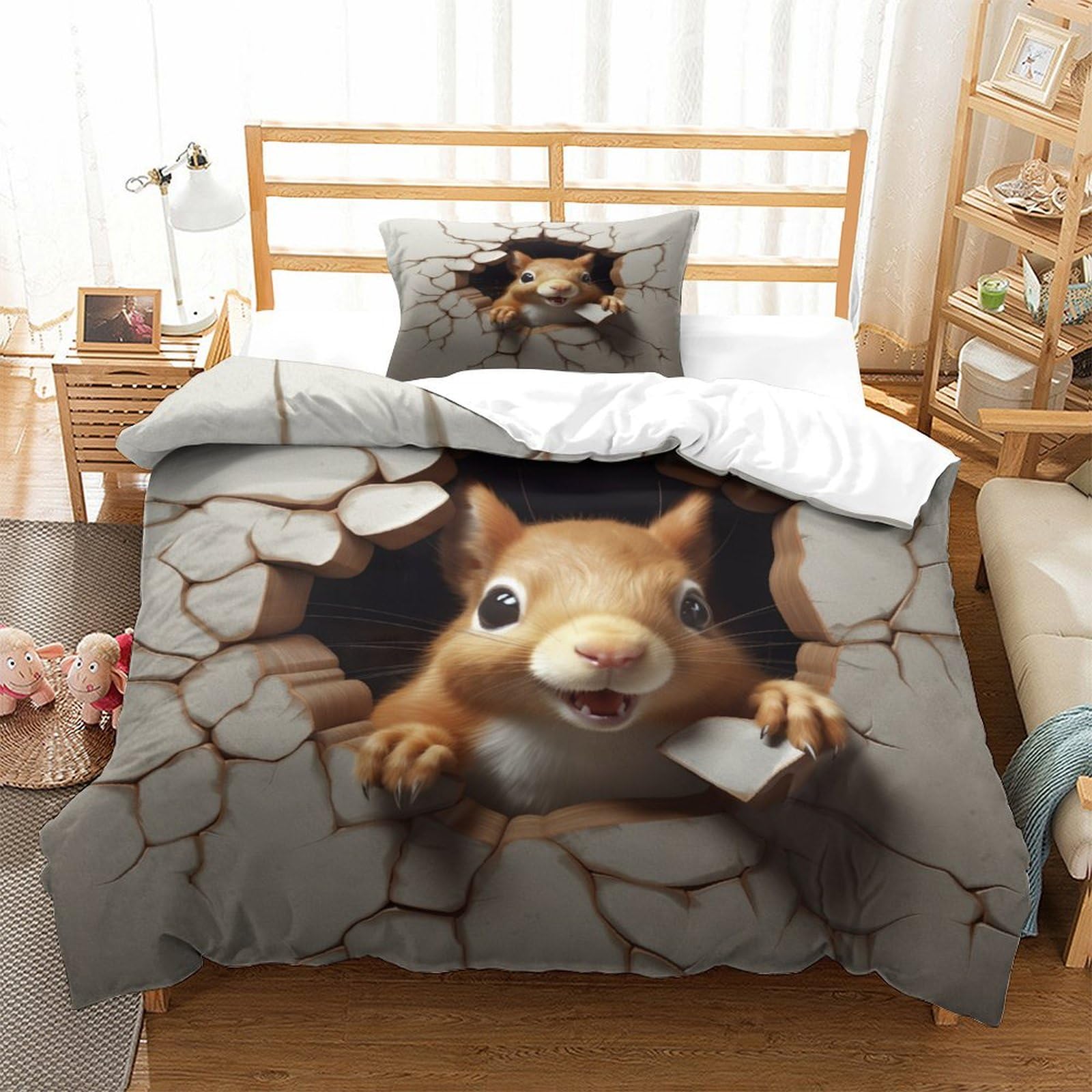 P1S9U7W5Y Cracked Wall Squirrel 3D Printed 3 Piece Microfiber Duvet Cover Set for Adults Teens Bedroom Decor Squirrel Bedding Set Soft Breathable Single（135x200cm）