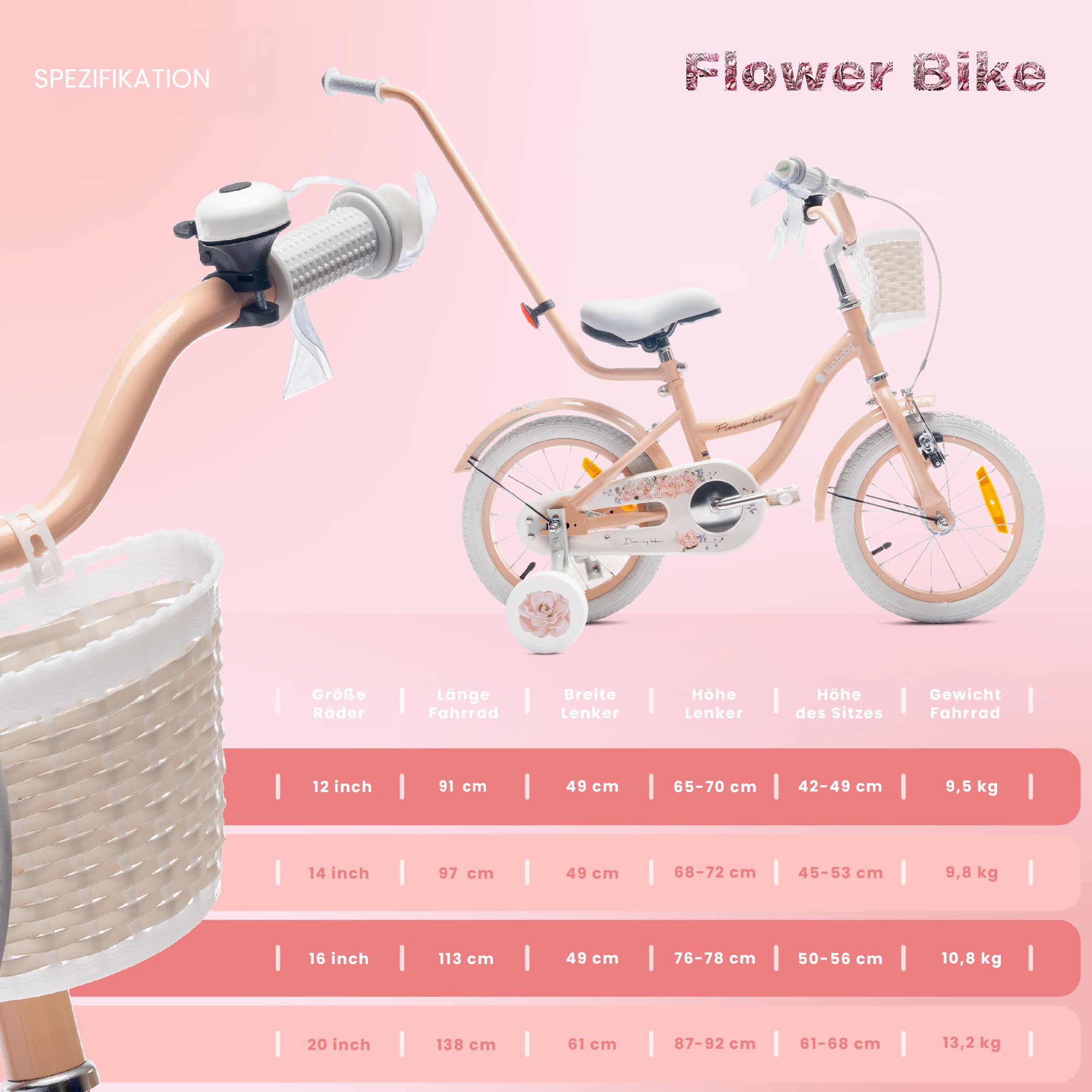 sun baby Flower Bike Kinderfahrrad Mädchen 12/14/16 Zoll, mit Stützrädern, Abnehmbarer Schubstange, Korb, Klingel, Rücktrittbremse & V-Brake, für Kinder ab 2 Jahre