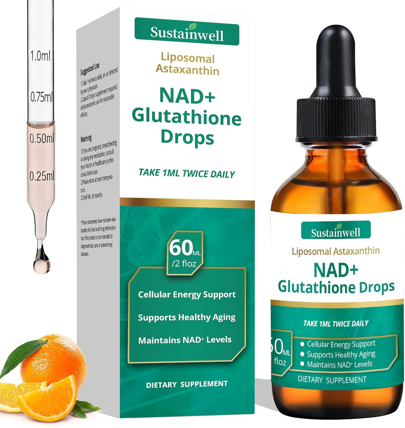 NAD+ Glutathione Liquid Drops with Liposomal Astaxanthin - Supports Cellular Energy, Dual Antioxidant Action, Healthy Aging - Fast Absorption, High Bioavailability, Vegan, 2.04 Fl Oz