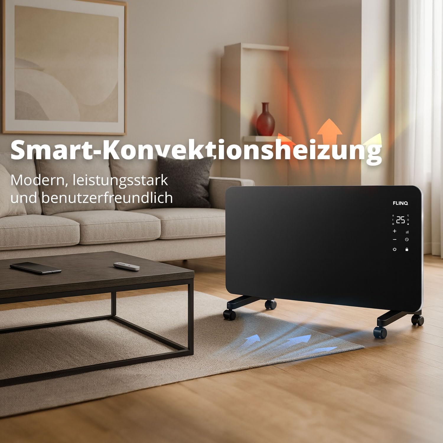 FlinQ Smart Konvektor Heizung 2000W - 96 x 46 x 13 cm - Schwarz | Glaskonvektor Mit App Steuerbar - Beheizt bis zu 60m3 - Mobile Heizung Elektrisch