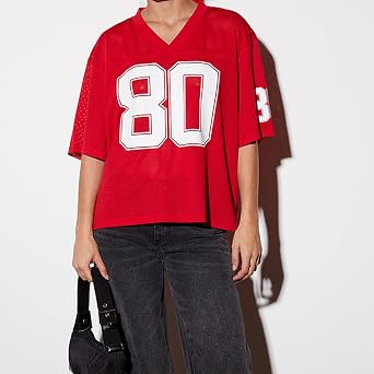 Jersey Shirts for Women Y2k Graphic Number Oversized Tees Half Sleeve Sport Casual V Neck Tshirt Tops Streetwear