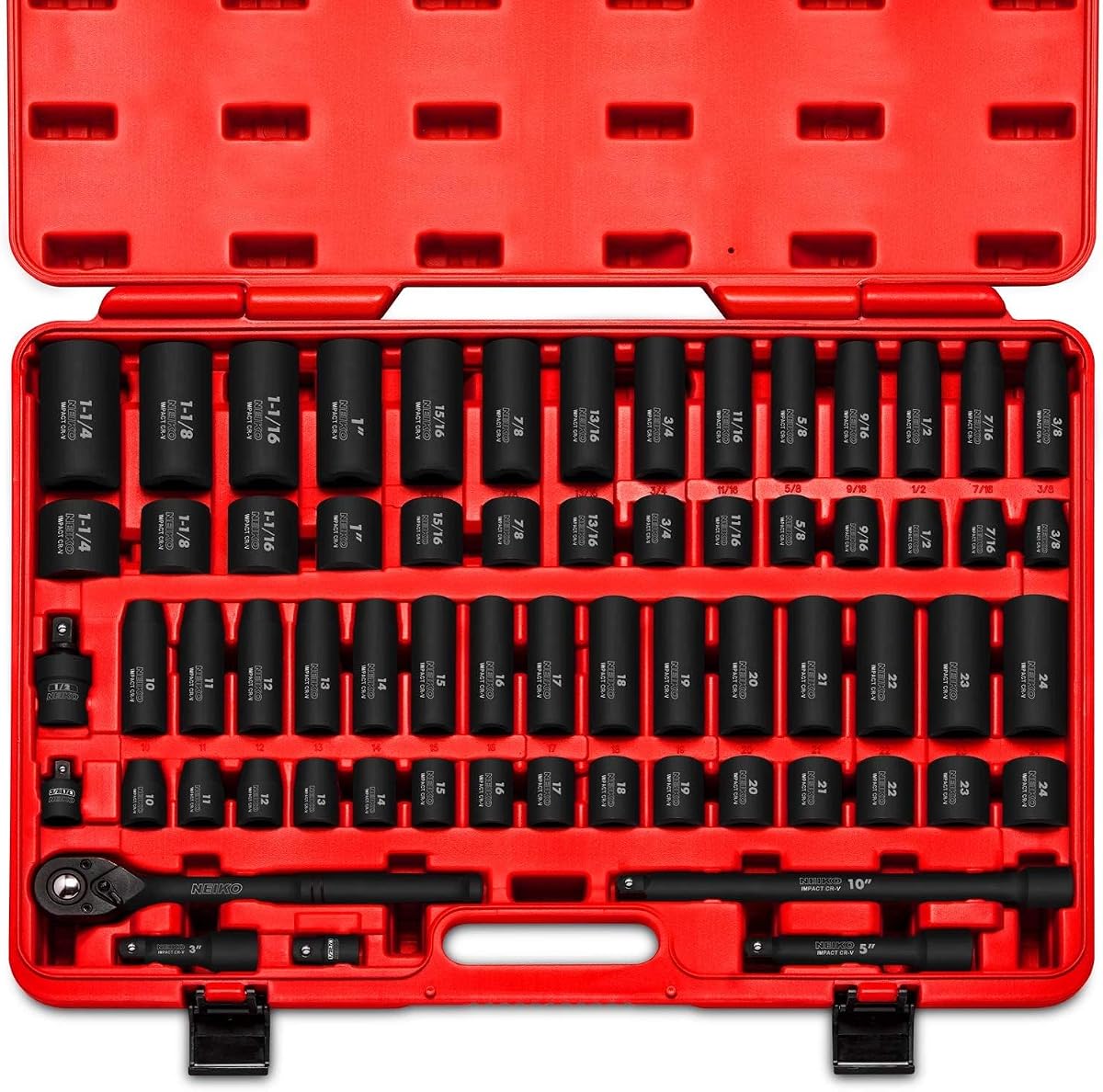 02448A 1/2" Drive Master Impact Socket Set, 65 Piece, Standard SAE (3/8"-1-1/4") & Metric (10-24 mm) Sizes, Deep & Shallow Kit, Includes Adapters & Ratchet Handle