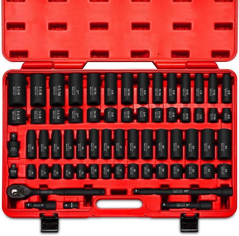 02448A 1/2" Drive Master Impact Socket Set, 65 Piece, Standard SAE (3/8"-1-1/4") & Metric (10-24 mm) Sizes, Deep & Shallow Kit, Includes Adapters & Ratchet Handle