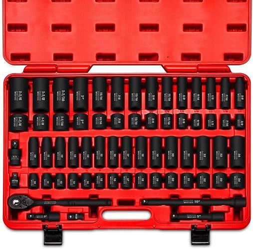 NEIKO 02448A 1/2" Drive Master Impact Socket Set, 65 Piece, Standard SAE (3/8"-1-1/4") & Metric (10-24 mm) Sizes, Deep & Shallow Kit, Includes Adapters & Ratchet Handle - Deep and Shallow - 65 Piece