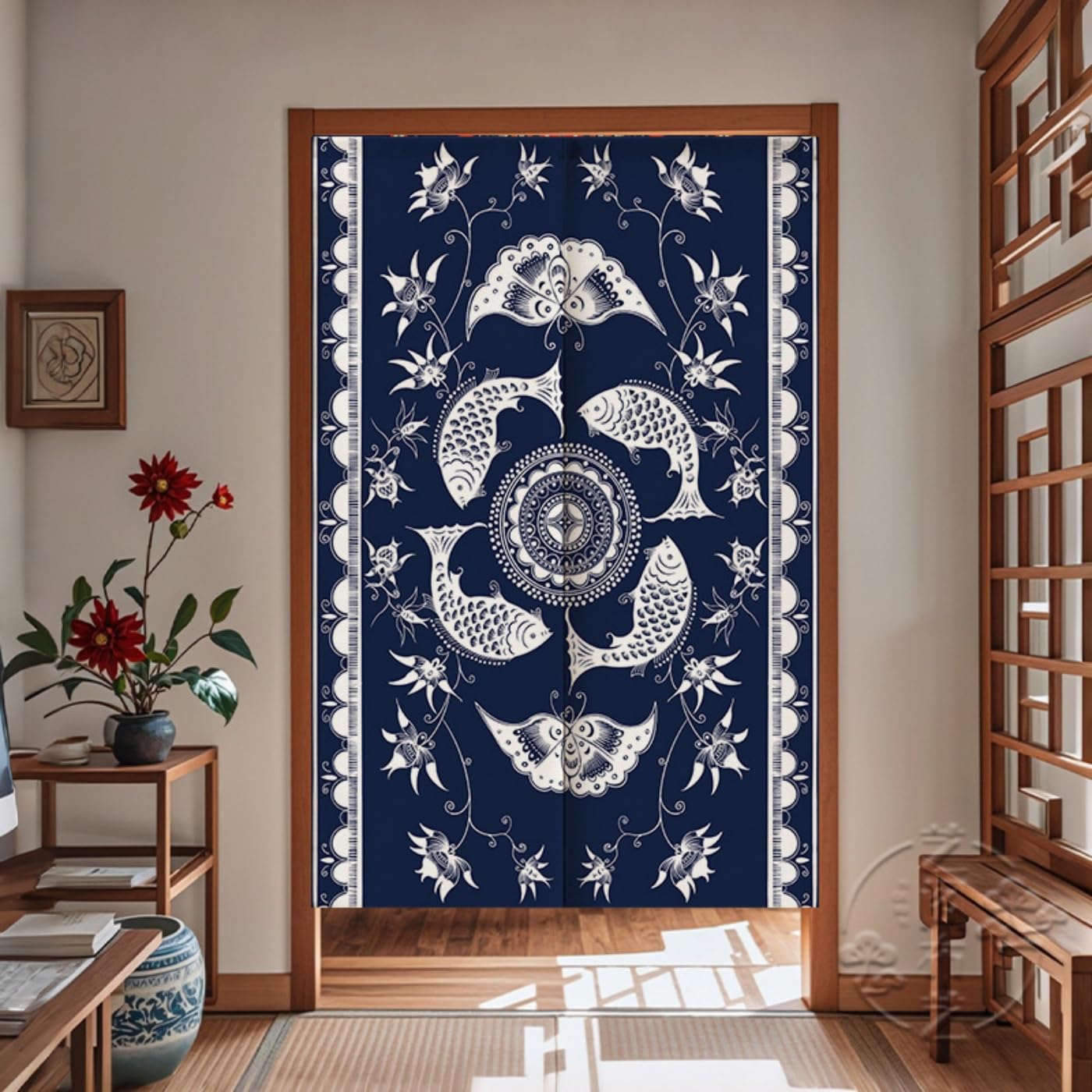 Guest Ruyunlai M02 Blue Pattern Japanese Noren Doorway Curtain, 90X150cm