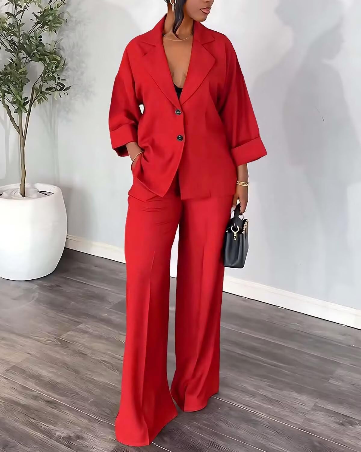 Casual Blazer Pants Suits for Women Dressy Oversized Long Sleeve Blazer and Wide Leg Pants 2 Piece Outfits - Image 2