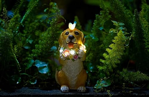 Miniatura 7 de Pohabery Estatua de jardín para perro, estatua de perro, luz LED solar de perro y mariposa, decoración al aire libre para patio, césped