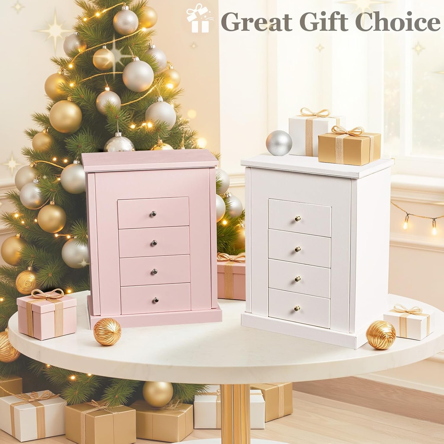 Emfogo Jewelry Boxes for Women, 5-Layer Large Leather Jewelry Organizer Box with Mirror and Drawers, Jewelry Storage for Necklaces Earrings Rings Bracelets (Pink)