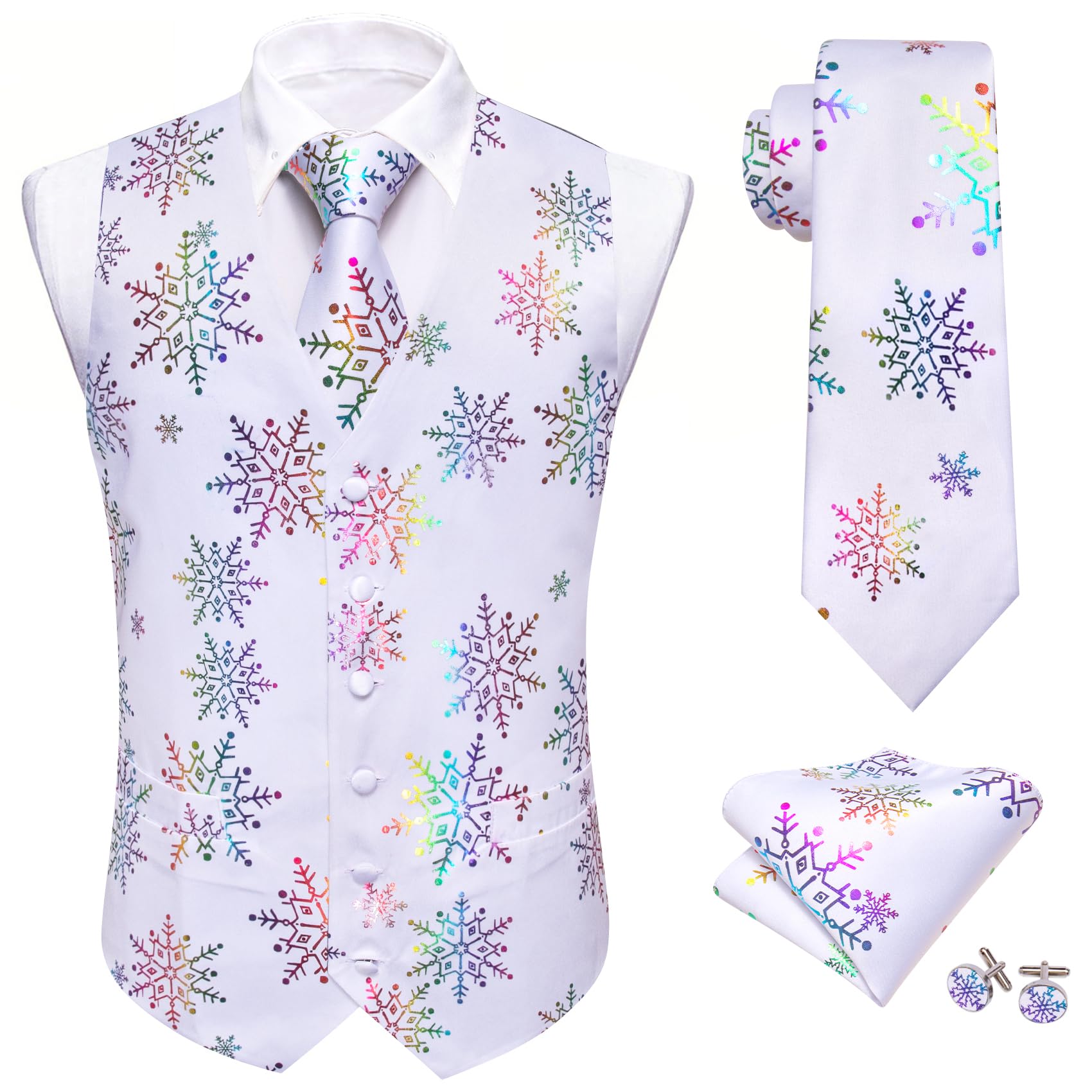 Barry.Wang Men Christmas Vest White Xmas Snowflake Festival Suit Waistcoat Tie Set New Year Party Holiday