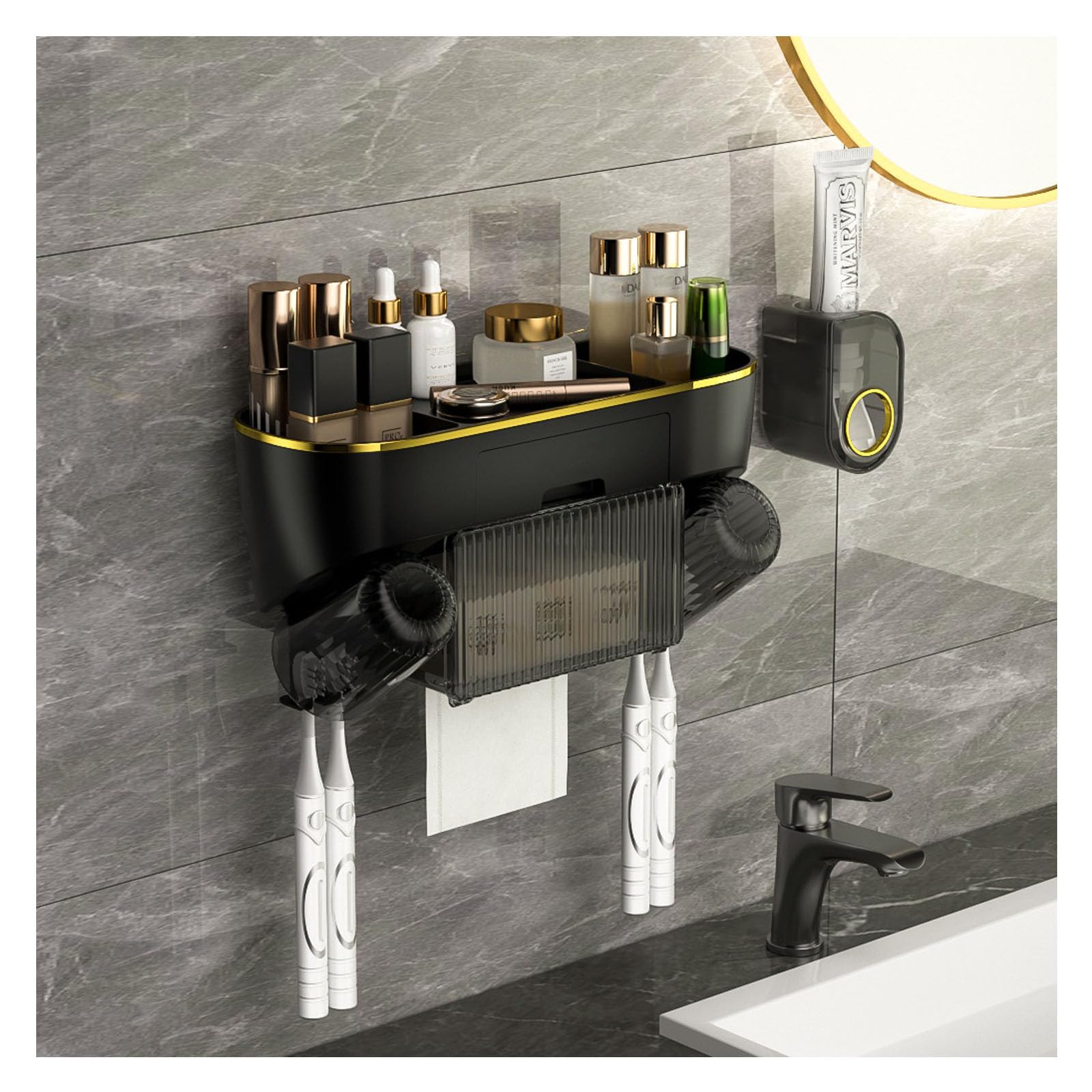 Portaspazzolini da Parete con Distributore di Dentifricio, Set Portaspazzolino Organizer da Bagno con Scatola di Fazzoletti, Adatto per L'installazione su Pareti Piatte-Black