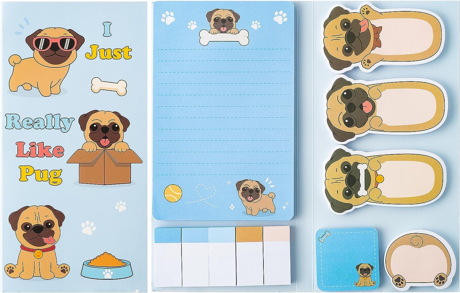 PANTIDE 550Sheet I Just Really Like Pug Sticky Note Set Cute Dog Pet Butt Self-Adhesive Writing Notepads Animal Tabs Page Marker for Kids Students Birthday Gift Back to School Reward Office Supply