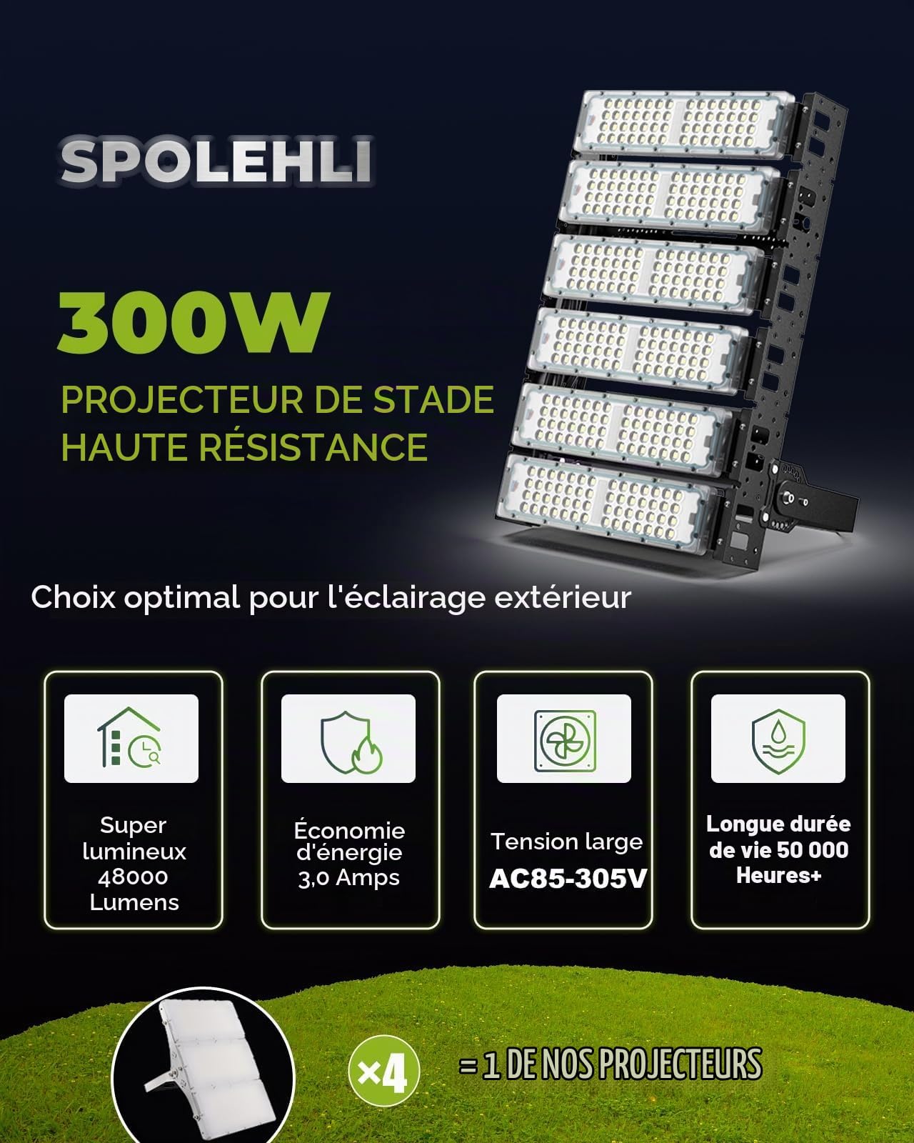 Projecteur de stade LED 300W 39000lm 6500K Stadium Flood Light IP66 étanche AC100-265V pour stade, aire de jeux, quai, place, éclairage de zone extérieure