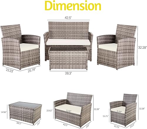 Miniatura 6 de HYDRAGARDEN Juego de muebles de exterior de 4 piezas, sofá seccional de mimbre para patio con mesa de centro de vidrio templado y cojines, juego de