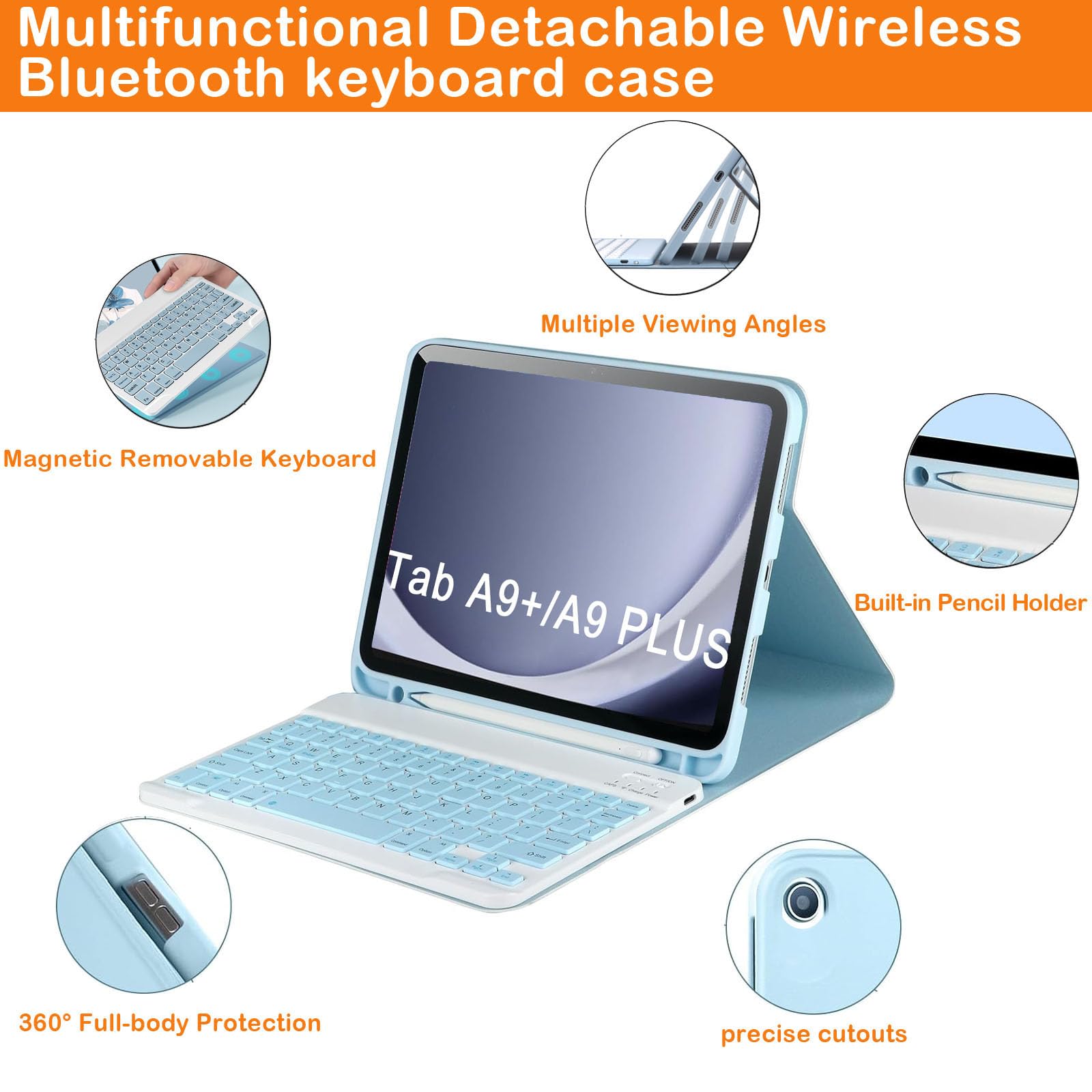 Custodia per tastiera compatibile per Galaxy Tab A9 Plus/A9+ 11 pollici 2023 modello SM-X210/X216/X218, copertura per tastiera Bluetooth wireless compatibile per Samsung Galaxy Tablet A9+ Portamatite