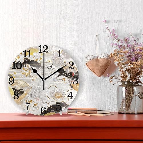 Miniatura 2 de Relojes de batería redondos de 10 pulgadas para pared, silencioso, oro blanco, grúa japonesa vintage, moderno, para aula, cocina, aula, reloj de