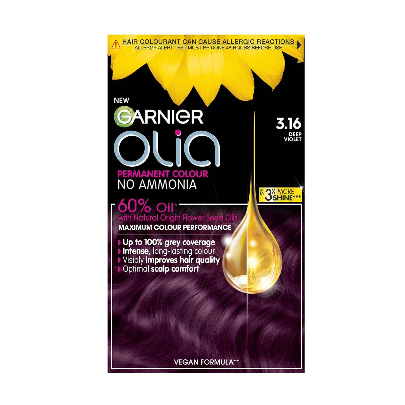 Garnier Olia Permanent Hair Dye, Up to 100% Grey Hair Coverage, No Ammonia, 60% Oils, Bold 3.16 Deep Violet