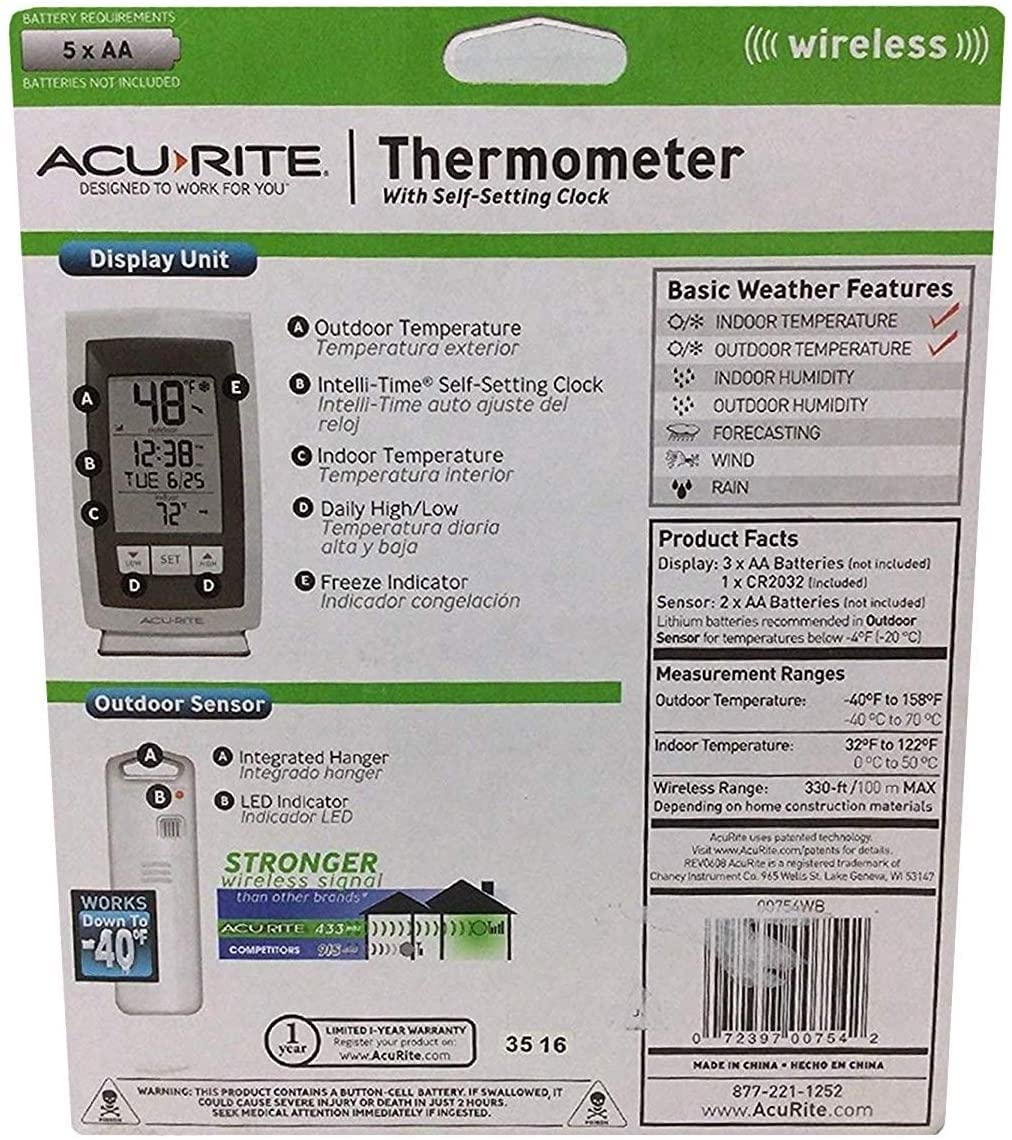 Back of AcuRite Digital Thermometer packaging with specifications