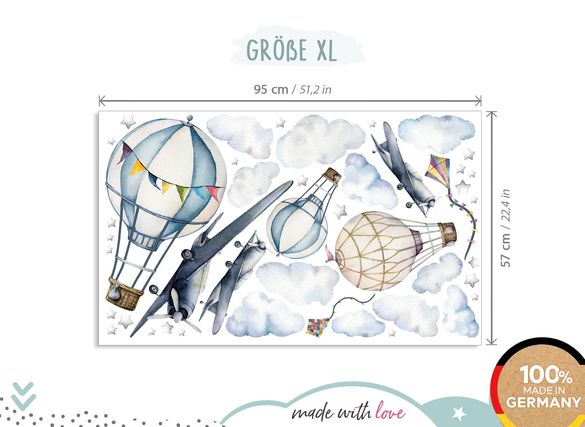 Little Deco DL707-4 Sticker mural pour chambre d'enfant Motif avion et montgolfières