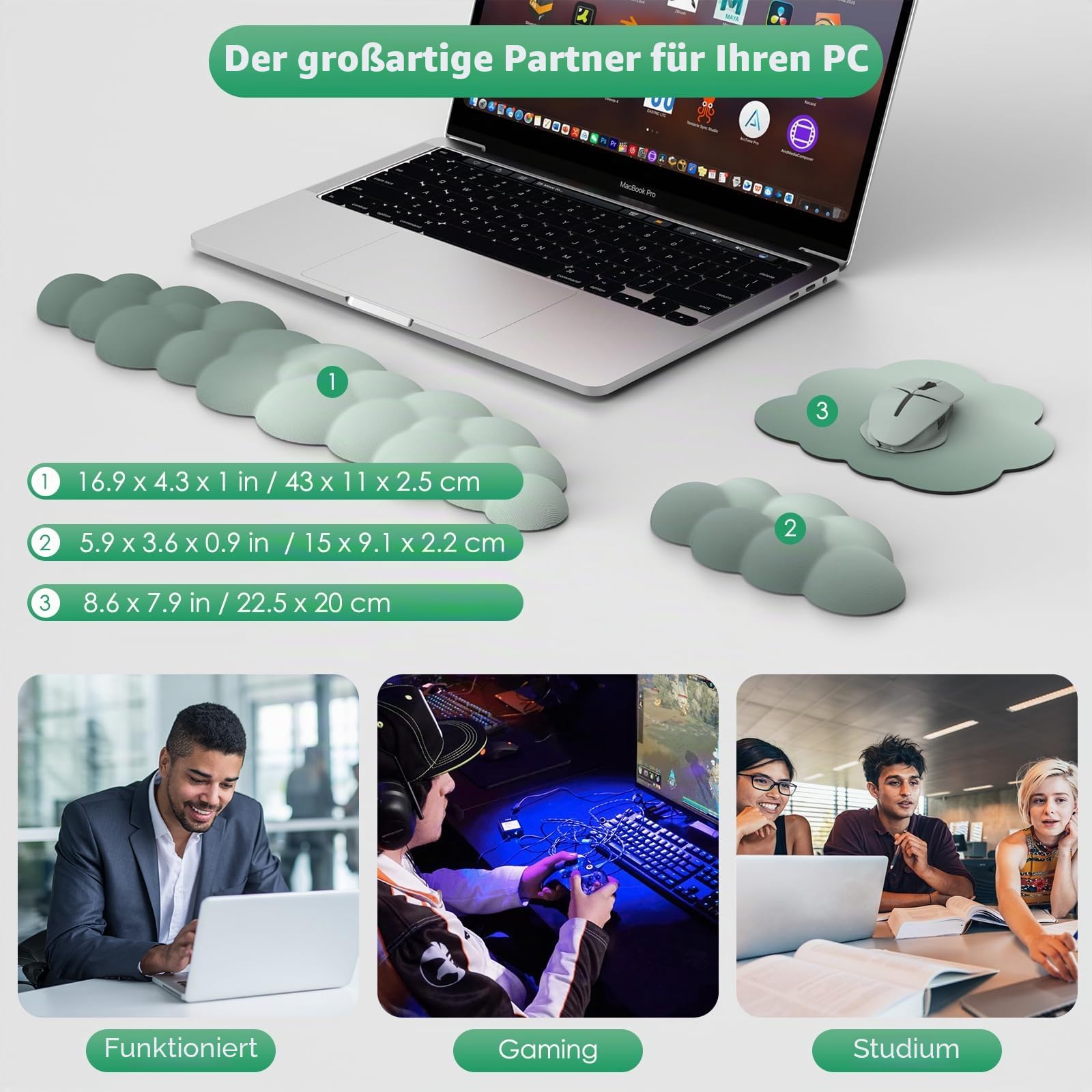 MoKo Wolke Handgelenkauflage, Ergonomisch Weich Cloud Handauflage Tastatur Maus Handballenauflage Set, Verbessertes Rutschfest PU Leder Mauspad für Büro Gaming Computer Laptop, Grün