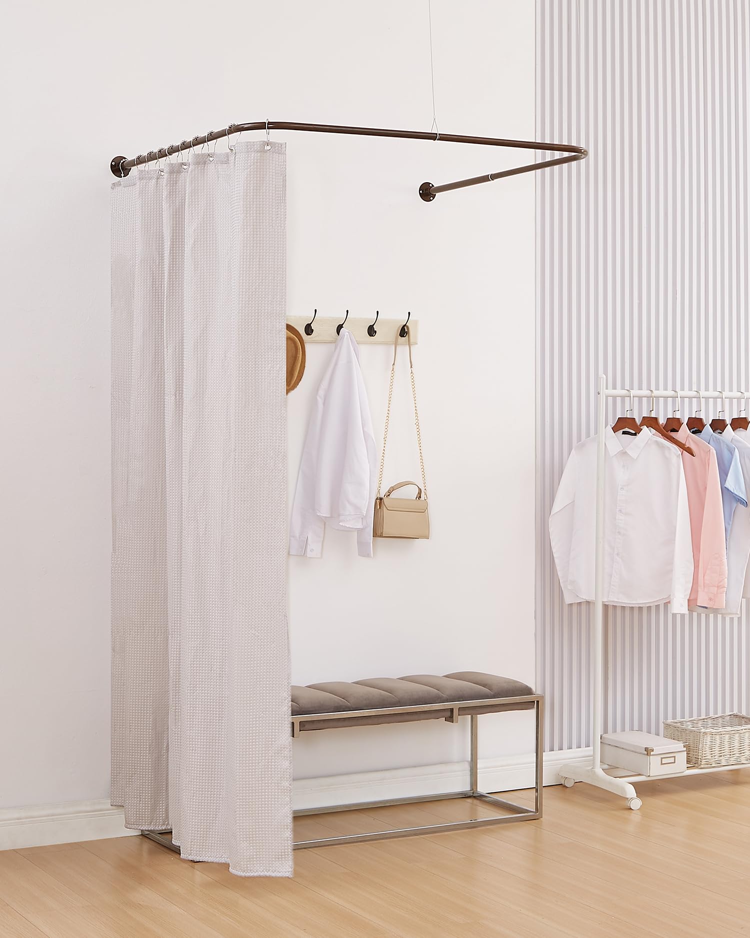 Barra Cortina Ducha en Forma de U, [Ambos Lados: 60 cm - 132 cm, Centro: 76,2 cm - 117 cm] Poste de Cortina de Esquina de Ducha Exterior Ajustable para Baños con 12 Ganchos y Soportes de Techo