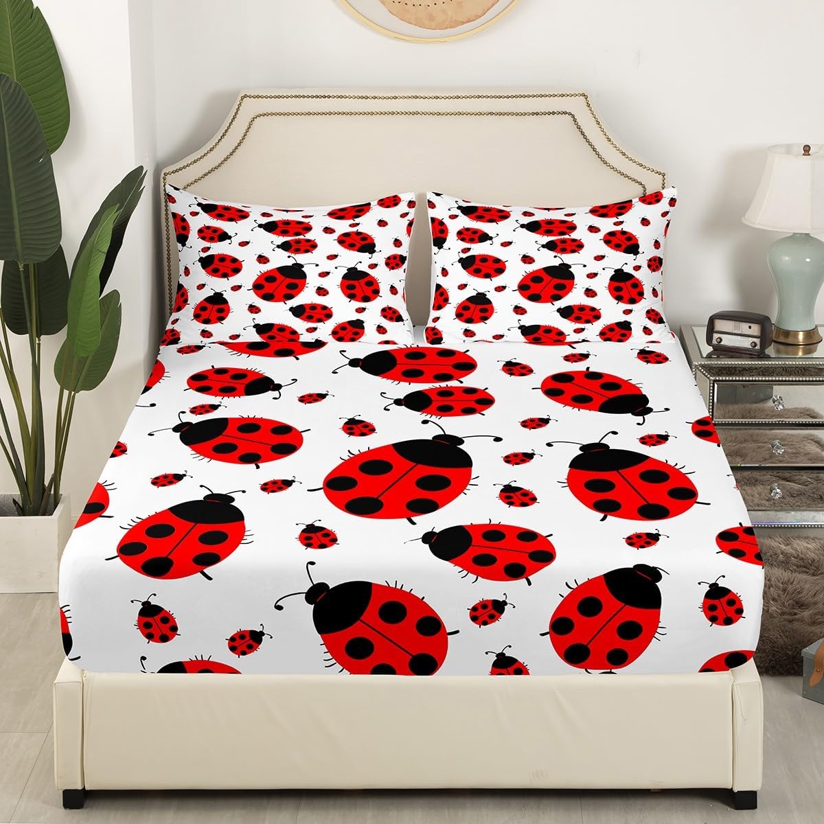 Feelyou Ladybug Bedding Set Cute Bug Pattern Bed Sheet Set for Boys Girls Entomology Fitted Sheet Kids Toddler Twin Size Includes 1 Sheets & 1 Pillowcase (No Flat Sheet)