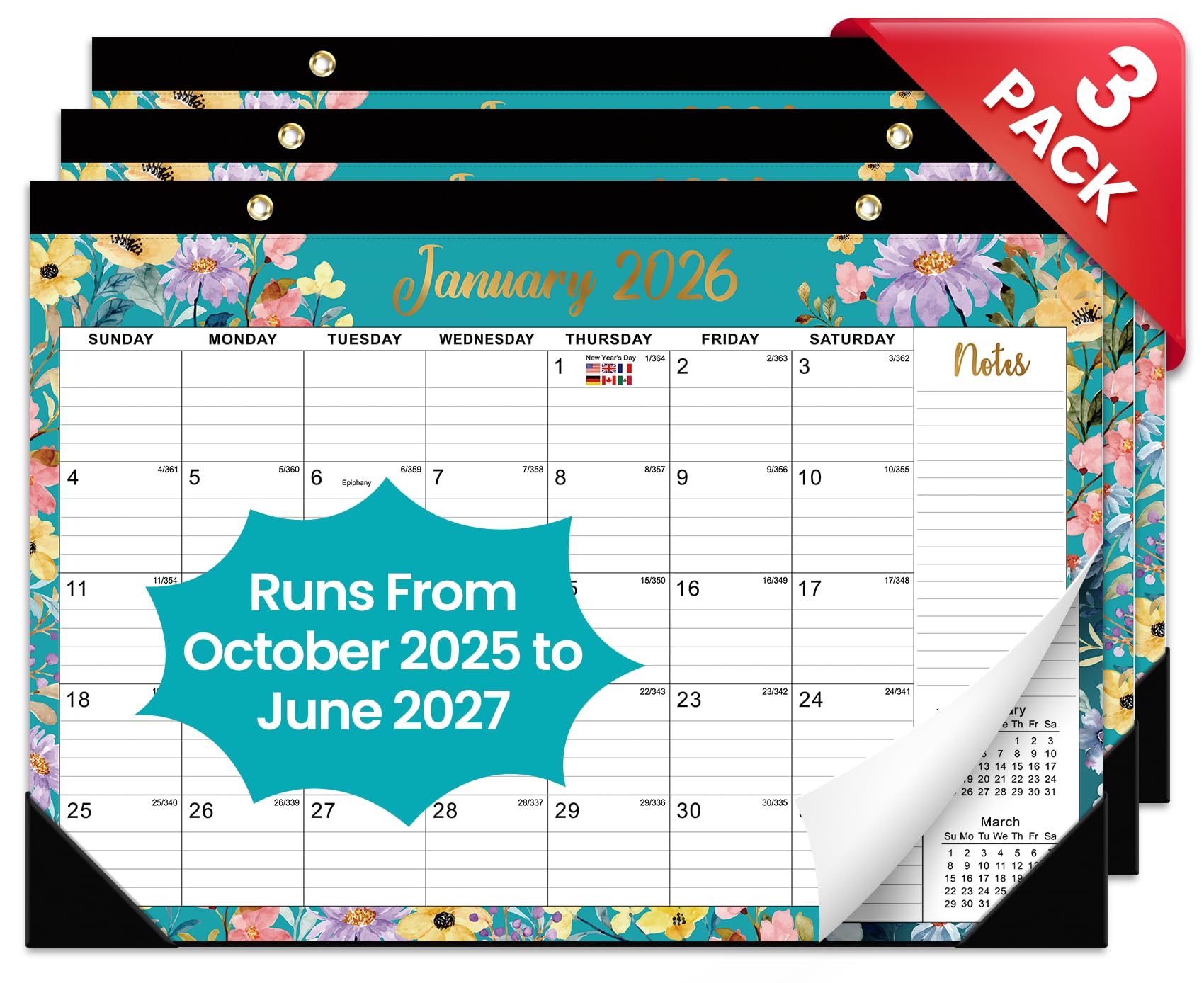 Taja 3 Pack of Desk Calendar 2026-2027, Runs Until June 2027, 17" x 12"