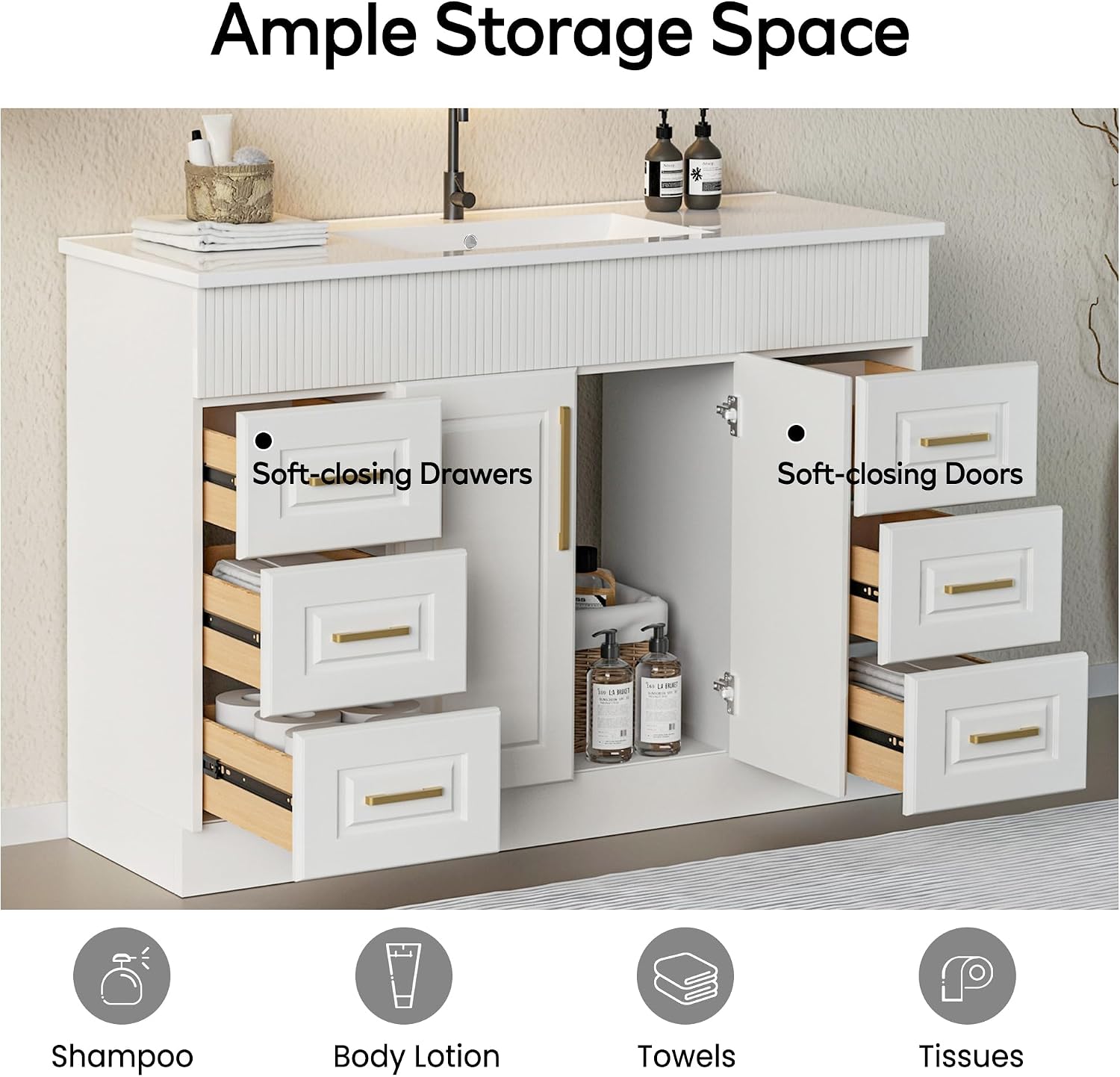 48” Bathroom Vanity with Sink, Freestanding Bathroom Vanity with Integrated Ceramic Countertop, Wave-Line Drawered Cabinet with 2 Soft-Closing Doors and 6 Drawers, White