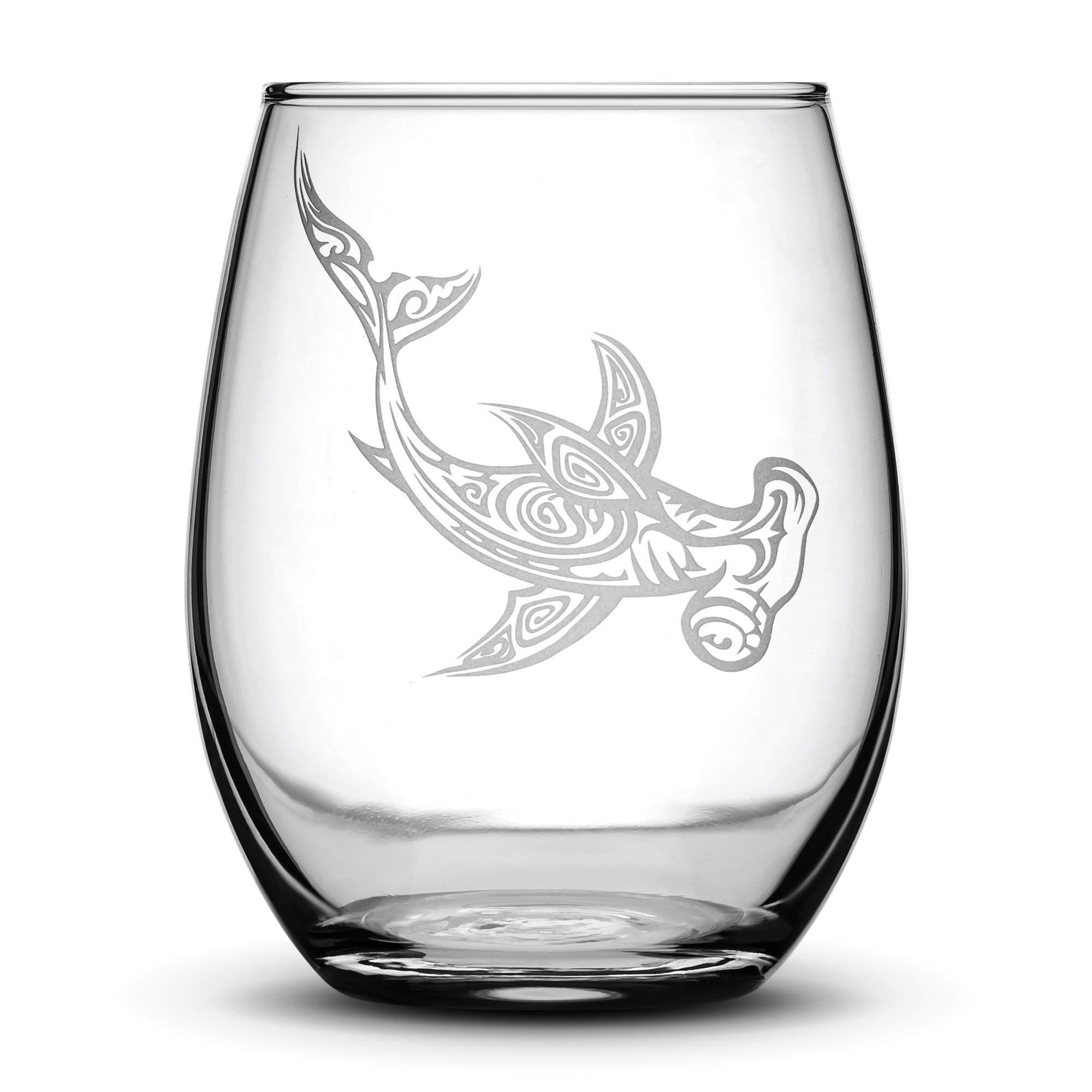 Integrity Bottles Tribal Hammerhead Shark, Stemless Wine Glass, Handmade, Handblown, Hand Etched Gifts, Sand Carved, 16oz