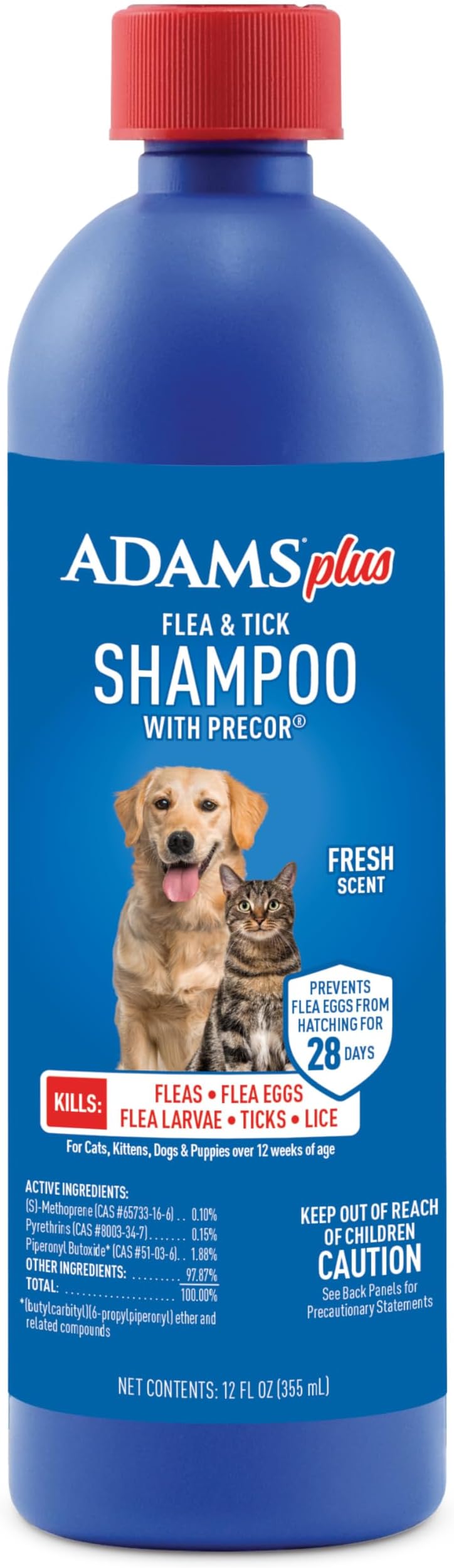 ADAMS Plus Flea & Tick Shampoo with Precor for Dogs, Cats, Puppies & Kittens, Flea Shampoo to Treat Flea Infestations, Kills Ticks, Fleas, Flea Eggs & Lice, Cleans and Conditions Coat, 12 Ounces
