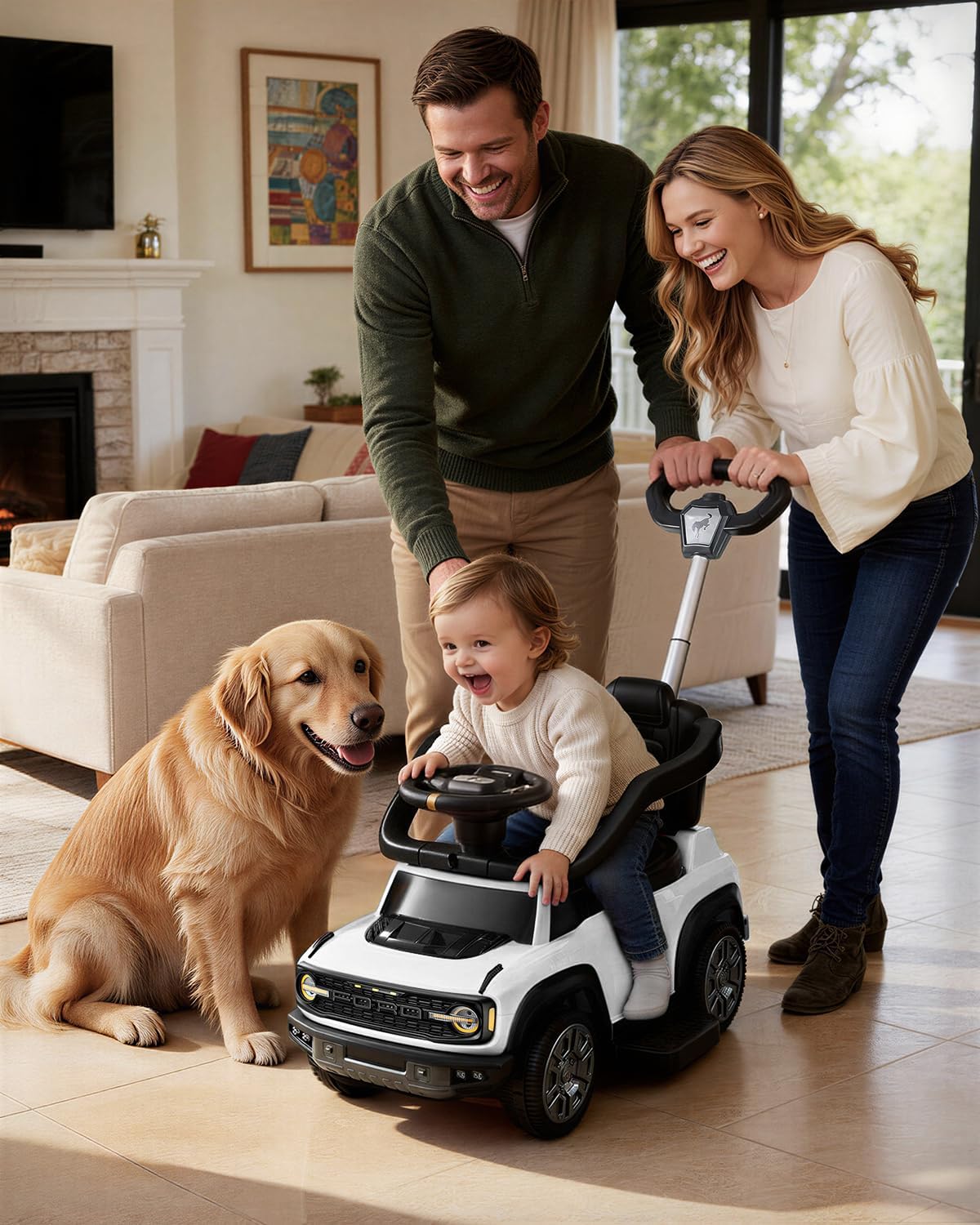 First Ride On Licensed Ford Bronco Raptor Baby Push Car for Toddlers 1-3, 3-in-1 Toddler Push Car w/Adjustable Handle, Safety Rails, Music and Horn, Outdoor Stroller, Toddler Ride on Toy (White)
