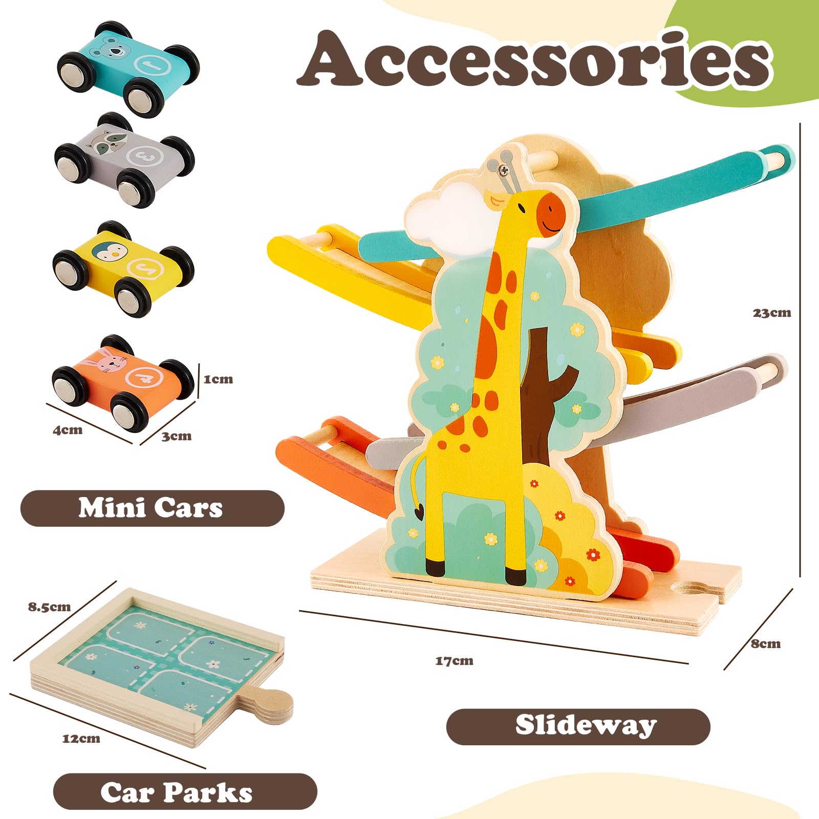 HERSITY Pista per Auto in Legno con 4 Mini Auto Giocattolo, Giochi in Legno per Bambini ha Motivi di Animali, Regalo di Rampa Macchinine per Bambini Bambina 3 4 5 Anni