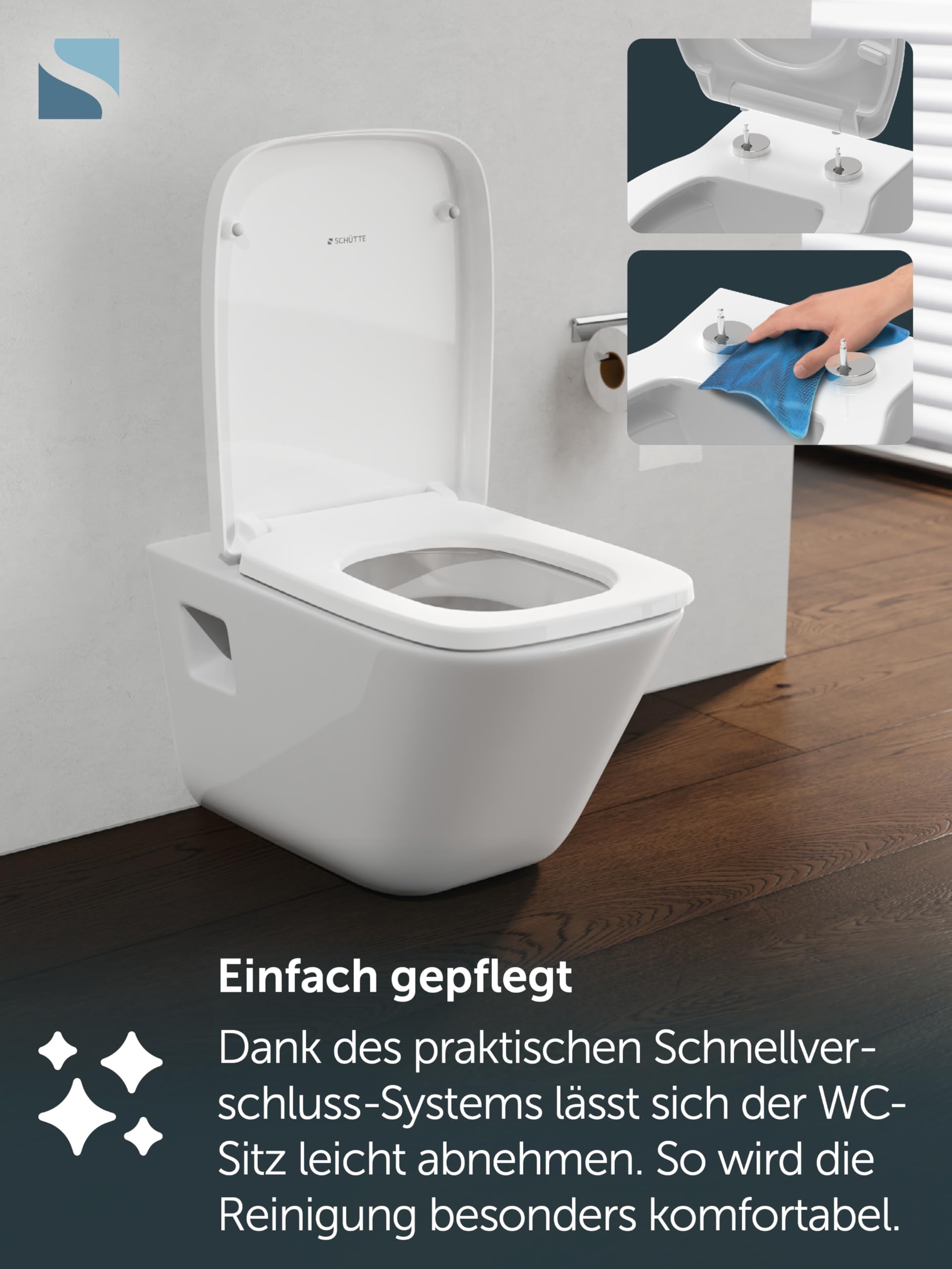 SCHÜTTE WC-Sitz Eckig (E-Form) | Passgenau für Keramag Renova Nr. 1 Plan | 5 Jahre Garantie & 250 kg Belastbar | Duroplast Toilettendeckel mit Absenkautomatik & Schnellverschluss | Weiß