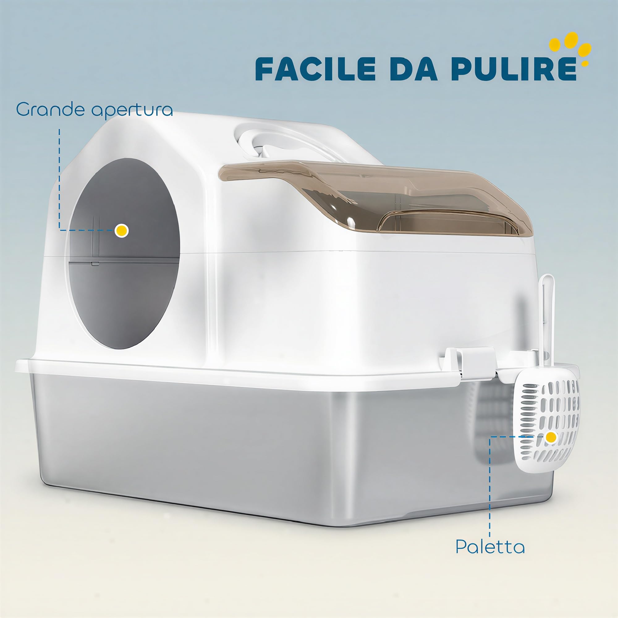 PawHut Lettiera Gatto Chiusa XL in Acciaio Inox 60.5x40.5x45cm Bianco | Con Coperchio, Toilette per Gatti 36L con Pareti Alte, Paletta, Tappetino Raccogli-sabbia