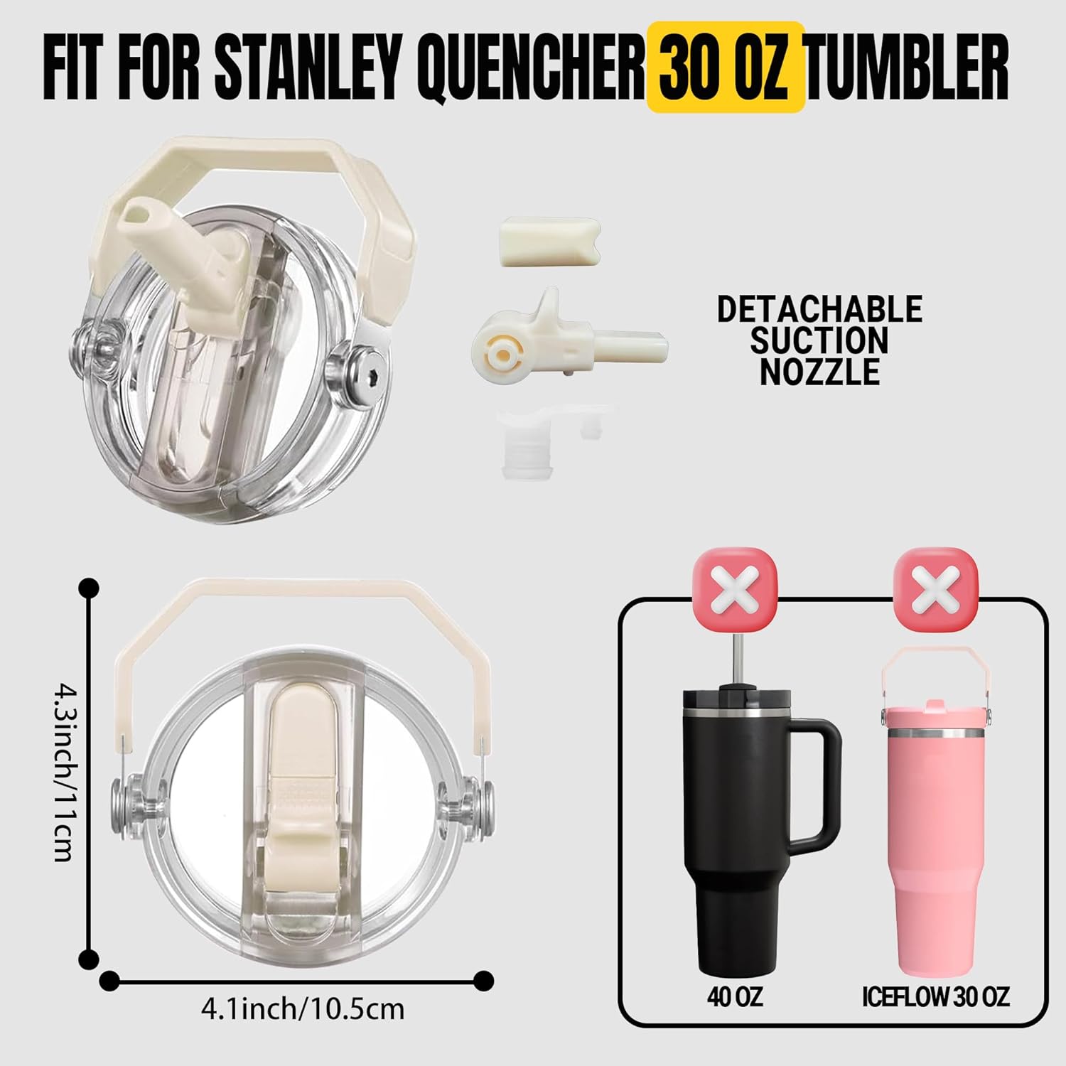 2 PCS Handle Flip Straw Lid Replacement for Stanley 30 oz Tumbler,100% Leak-proof Lid,Spill Proof and Splash Resistant Tumbler Cover,with Detachable Suction Nozzle(Black and Cream) - Image 2