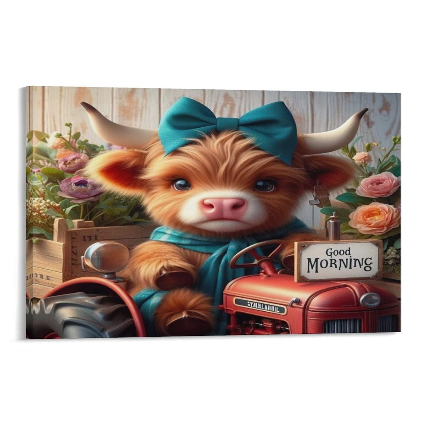 Cplvkwrqj Frame-Style Cute Bull With Bow Single Highland Calf Tractor Good Morning Canvas Print - Living Room Gallery Wall Statement Piece Fade Resistant Ready To Hang 20X30inch(50X75cm)